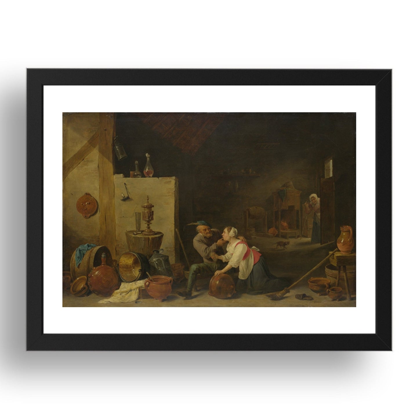 David Teniers the Younger: An Old Peasant caresses a Kitchen Maid in a Stable, Poster in 17x13"(A3) Frame