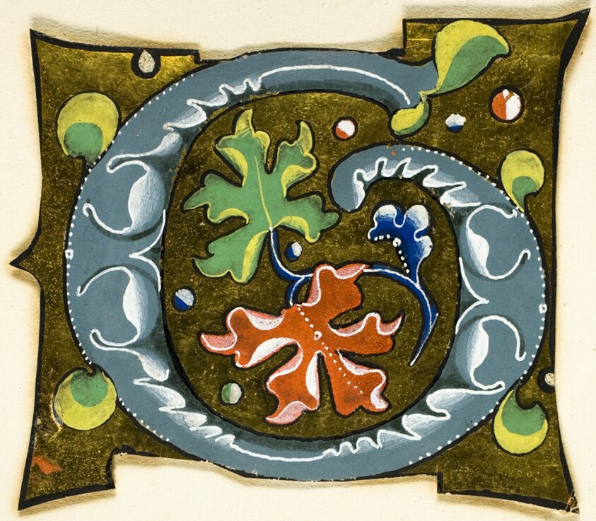 Decorated Initial "G" in Grey with Red, Green and Blue Leaves from a Manuscript by European,23x16"( A2 size ) Poster Print