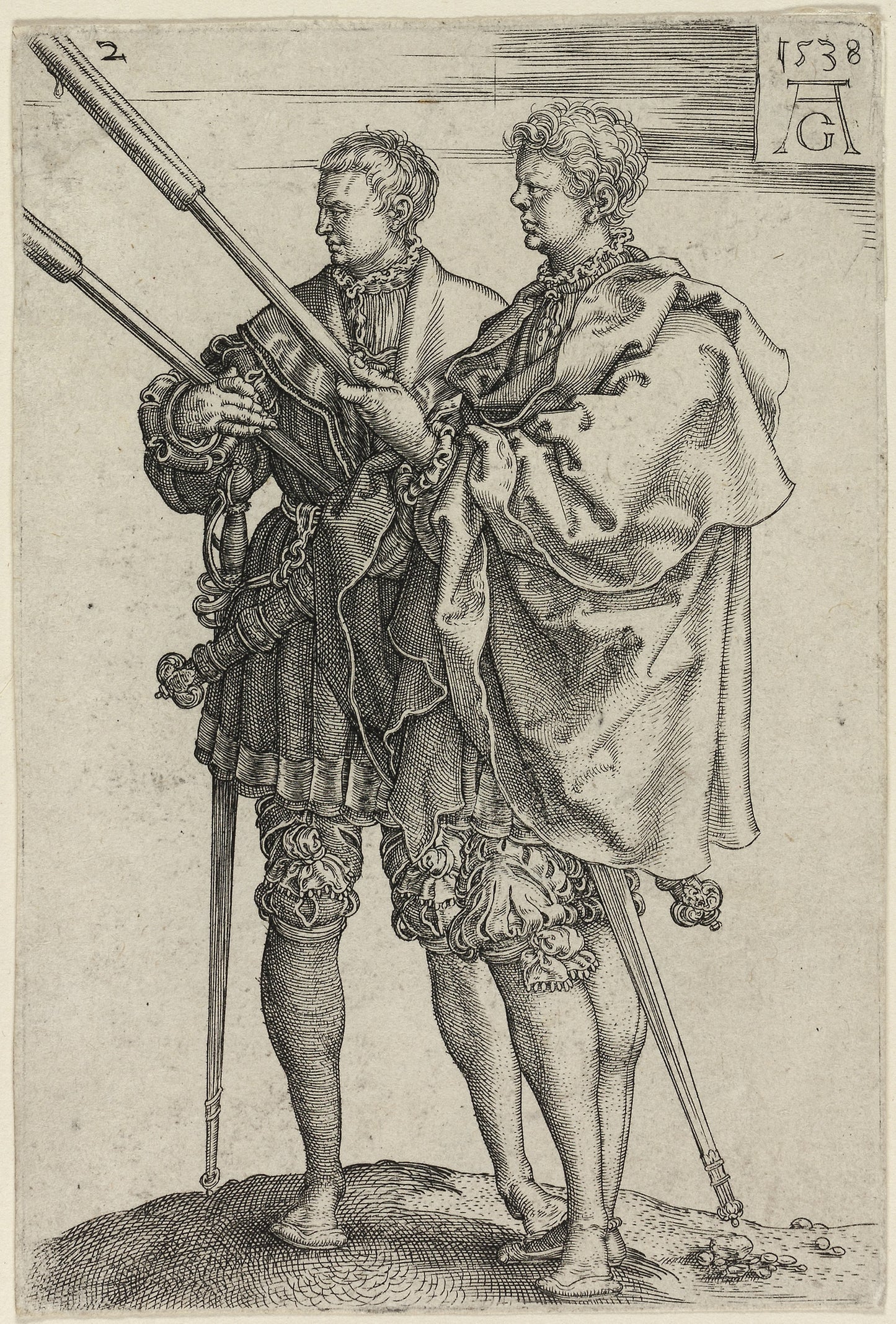 Two Torch-Bearers, plate two from The Large Wedding-Dancers - Heinrich Aldegrever, Poster Print Wall Art