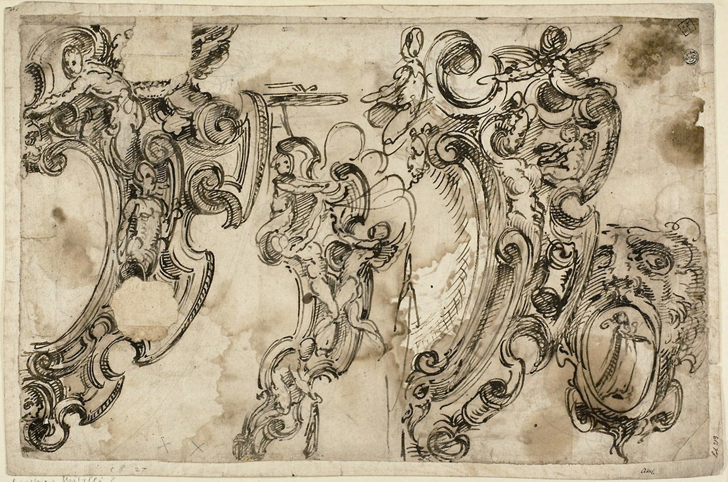 Sketches of Decorative Motifs (recto); Sketch of Decorative Motif (verso) - Attributed to Agostino Mitelli, Poster Print Wall Art