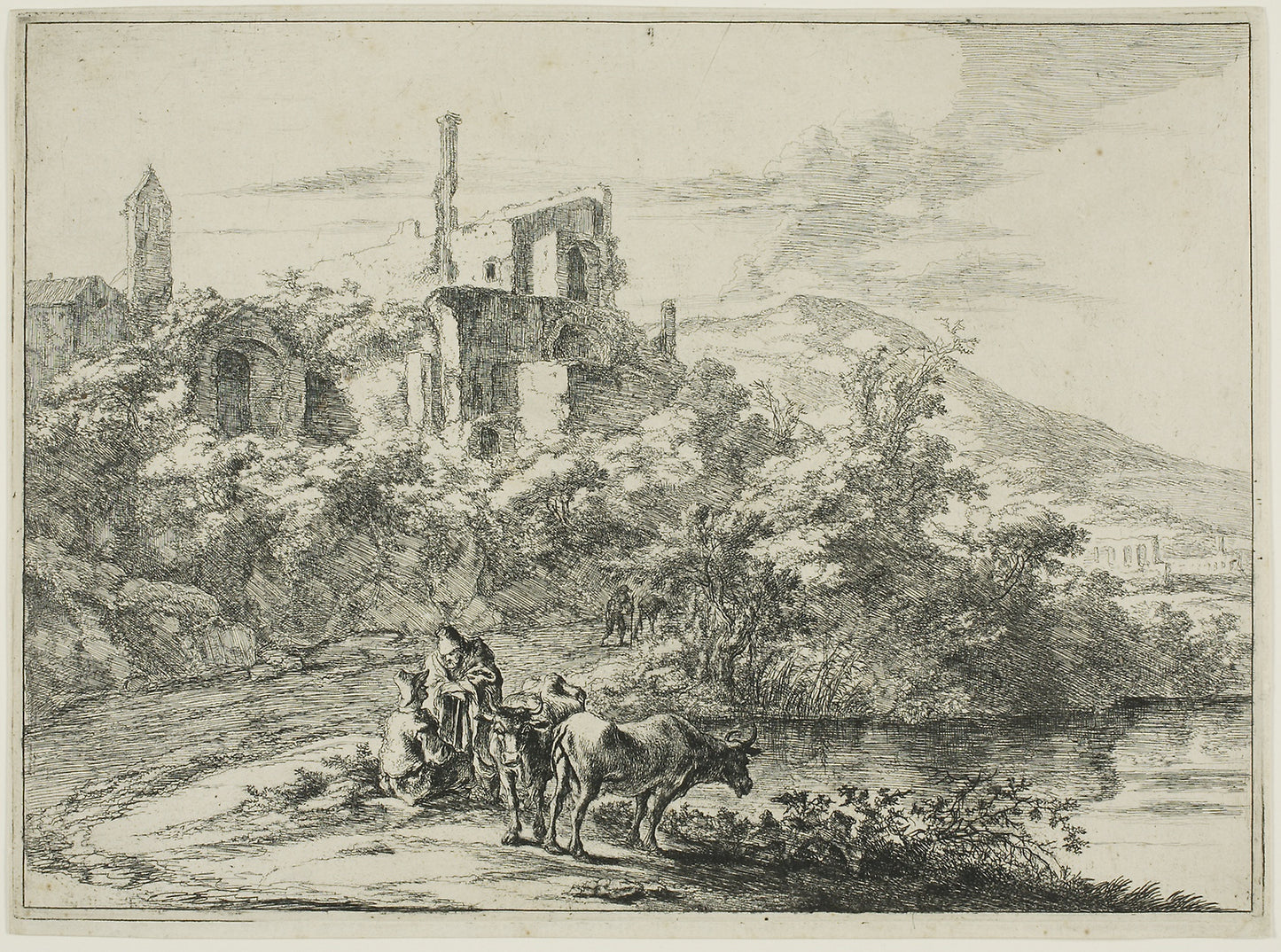 Landscape with Ruins and Two Cows at the Waterside, from a series of four horizontal Roman Landscapes - Jan Both, Poster Print Wall Art