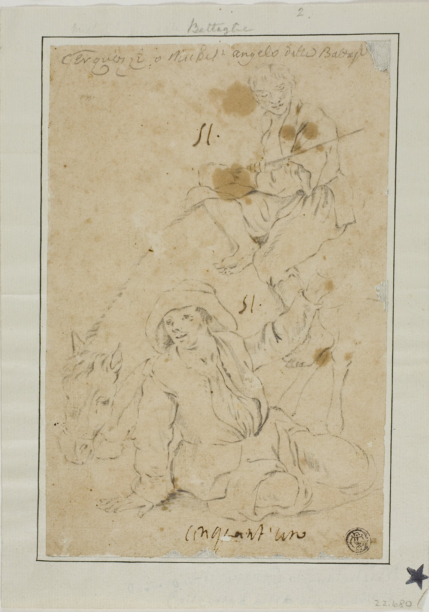 Two Peasants with Donkey: Attributed to or possibly after Michelangelo Cerquozzi,16x12"(A3) Poster