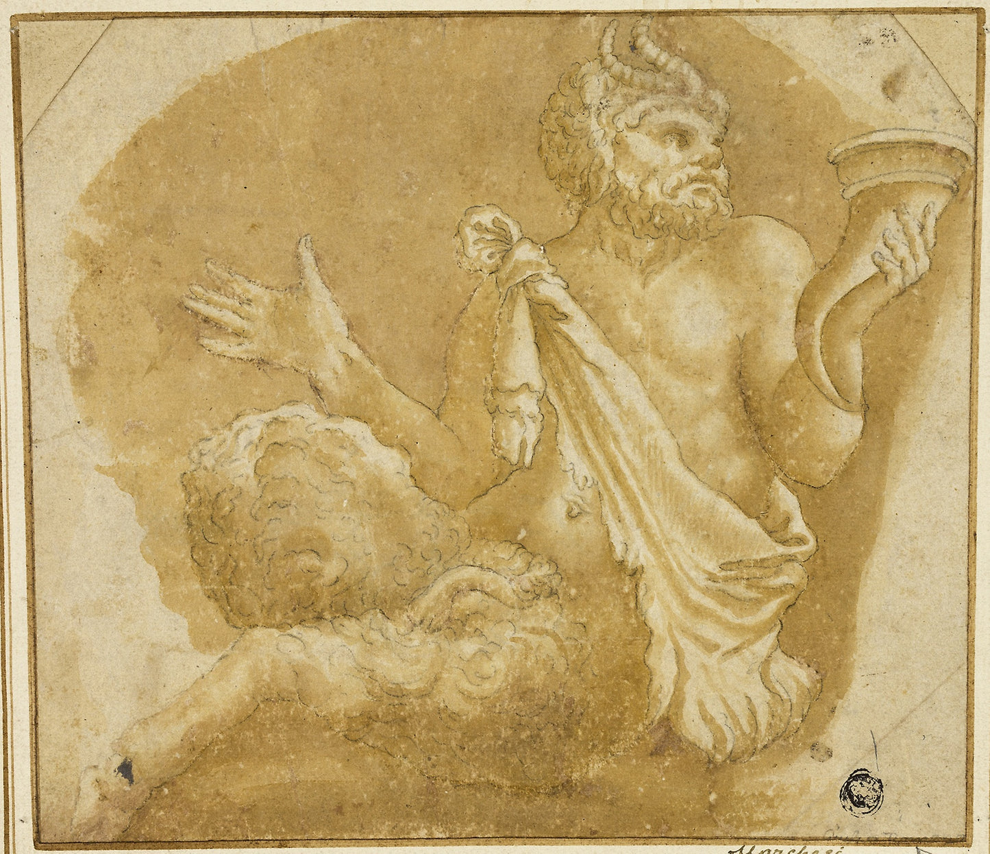 Seated Faun Holding Cornucopia (recto); Sketch of Tree and House (verso) - After Giulio Pippi, called Giulio Romano, Poster Print Wall Art