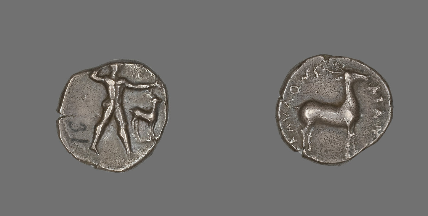 Stater (Coin) Depicting Caulos and Deer - Greek, Caulonia, Italy, Poster Print Wall Art