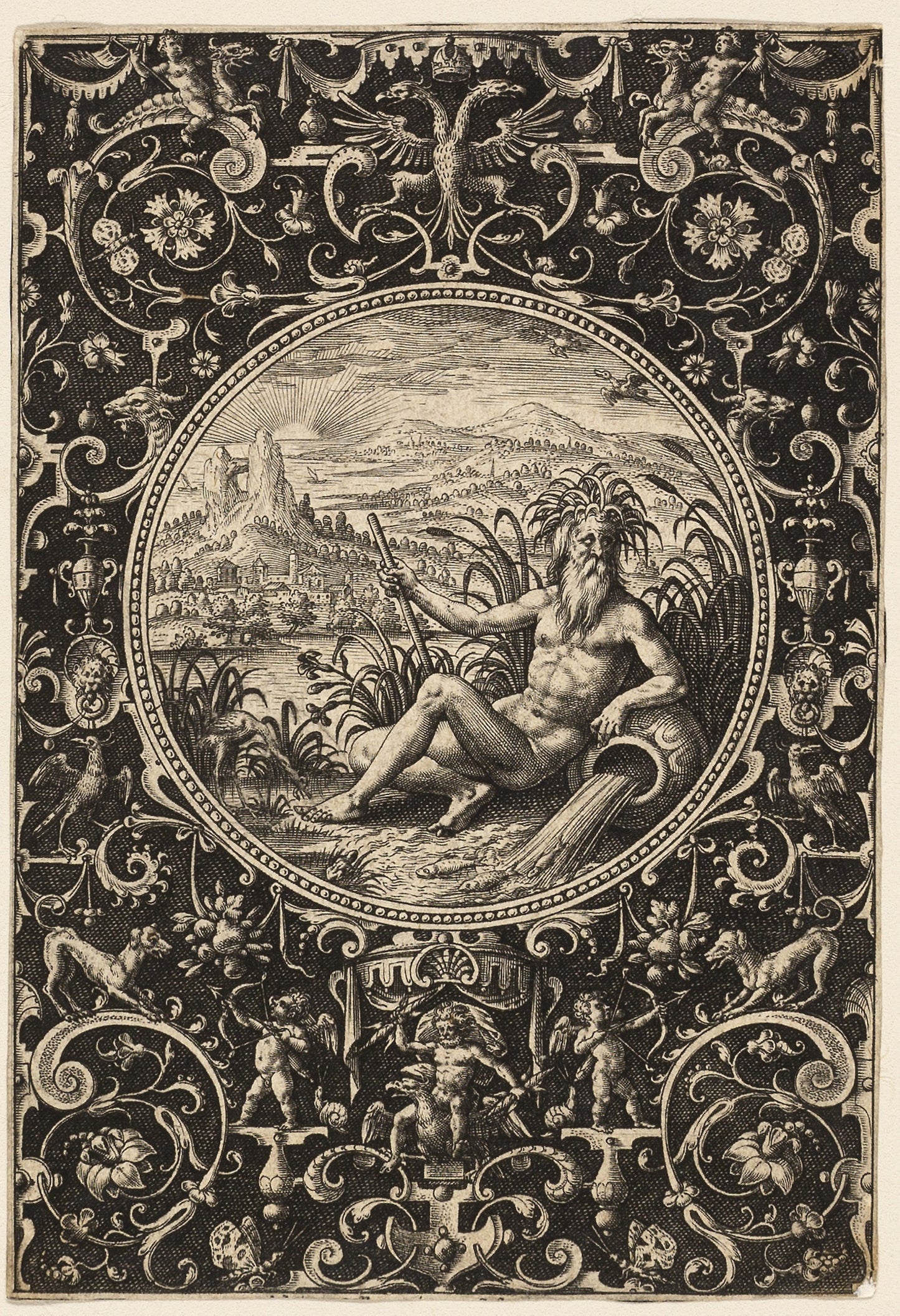 Neptune as a River God, plate two from The Judgment of Paris - Adriaen Collaert, II, Poster Print Wall Art