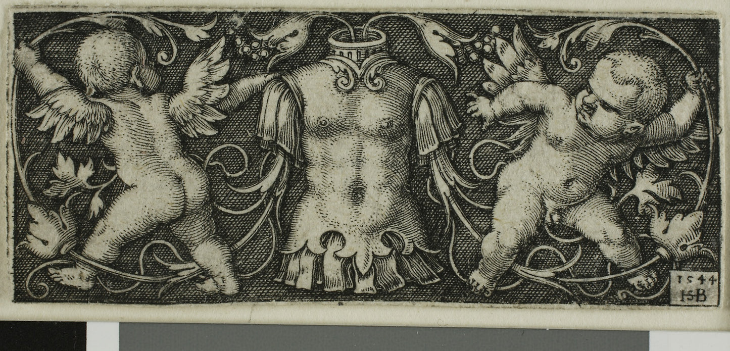 Ornament with Armor and Two Genii, from Four Vignettes - Sebald Beham, Poster Print Wall Art