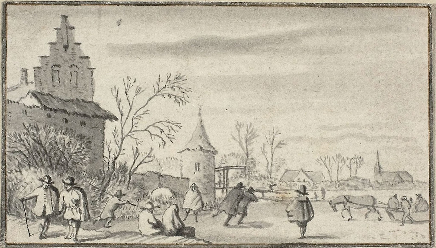 Skaters on Pond Outside Town - Attributed to Allart van Everdingen, Poster Print Wall Art