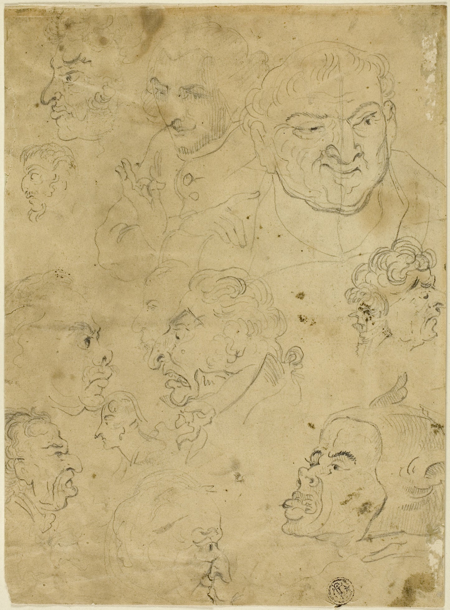 Sketches of Caricature Heads (recto), and Various Small Figures (verso) - Attributed to George Woodward, Poster Print Wall Art