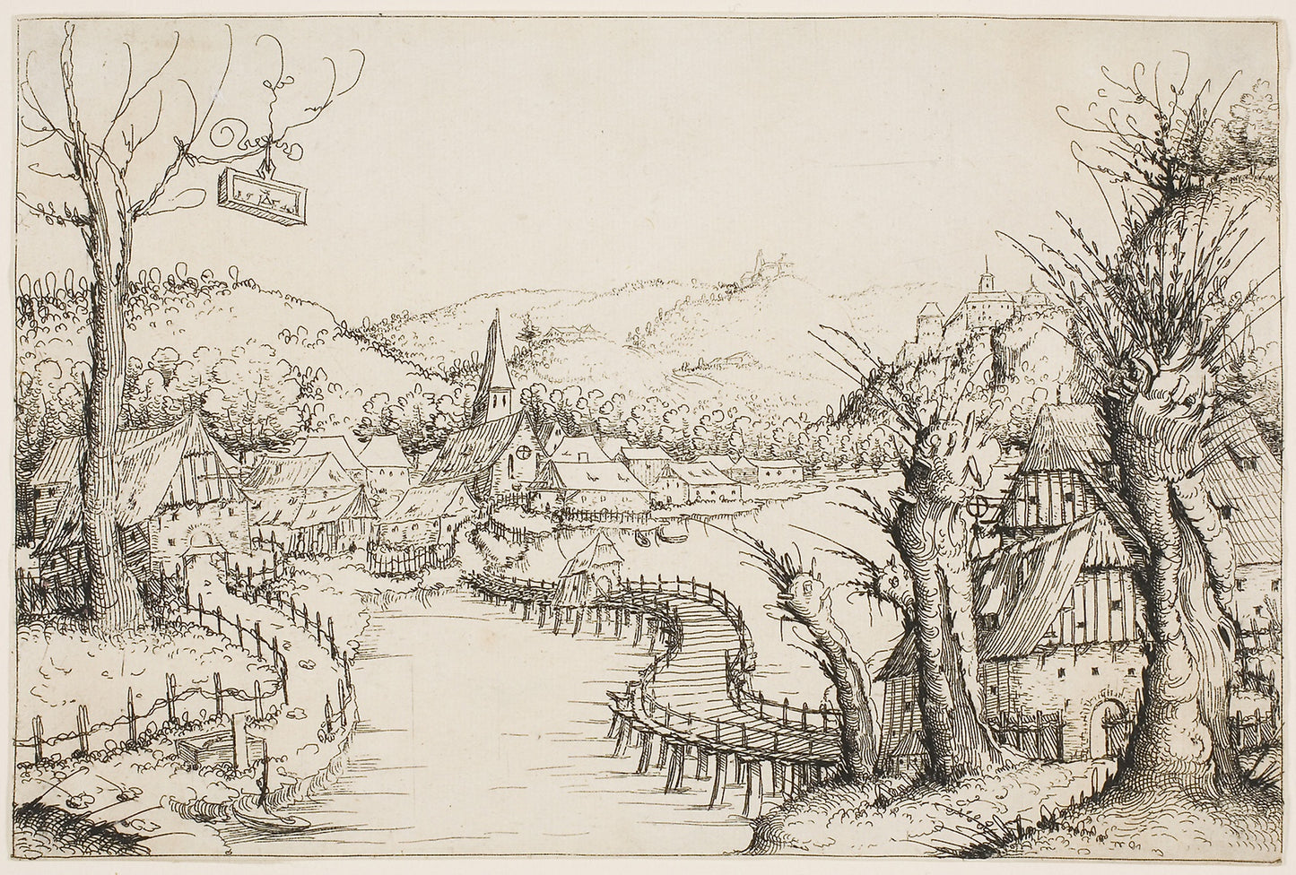 Landscape with a Curved Wooden Bridge - Augustin Hirschvogel, Poster Print Wall Art