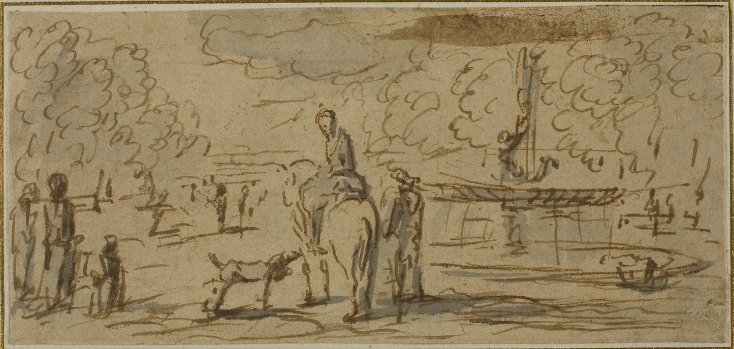 Figures Walking and on Horseback in a Park: French School, Poster Print Wall Art