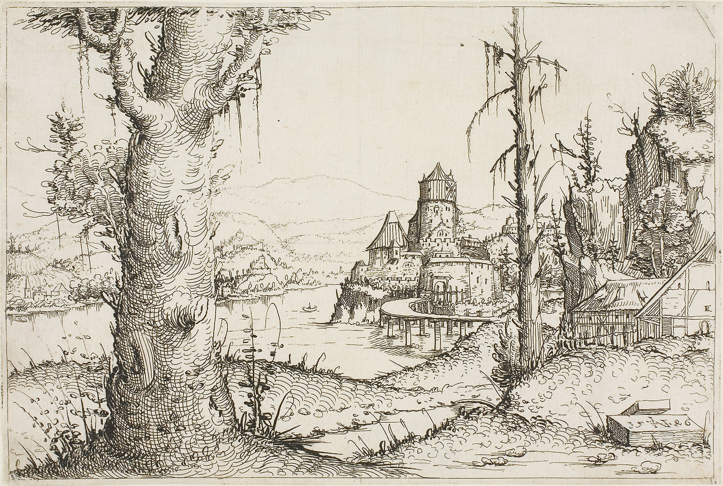 River Landscape with Large Tree in Foreground - Augustin Hirschvogel, Poster Print Wall Art