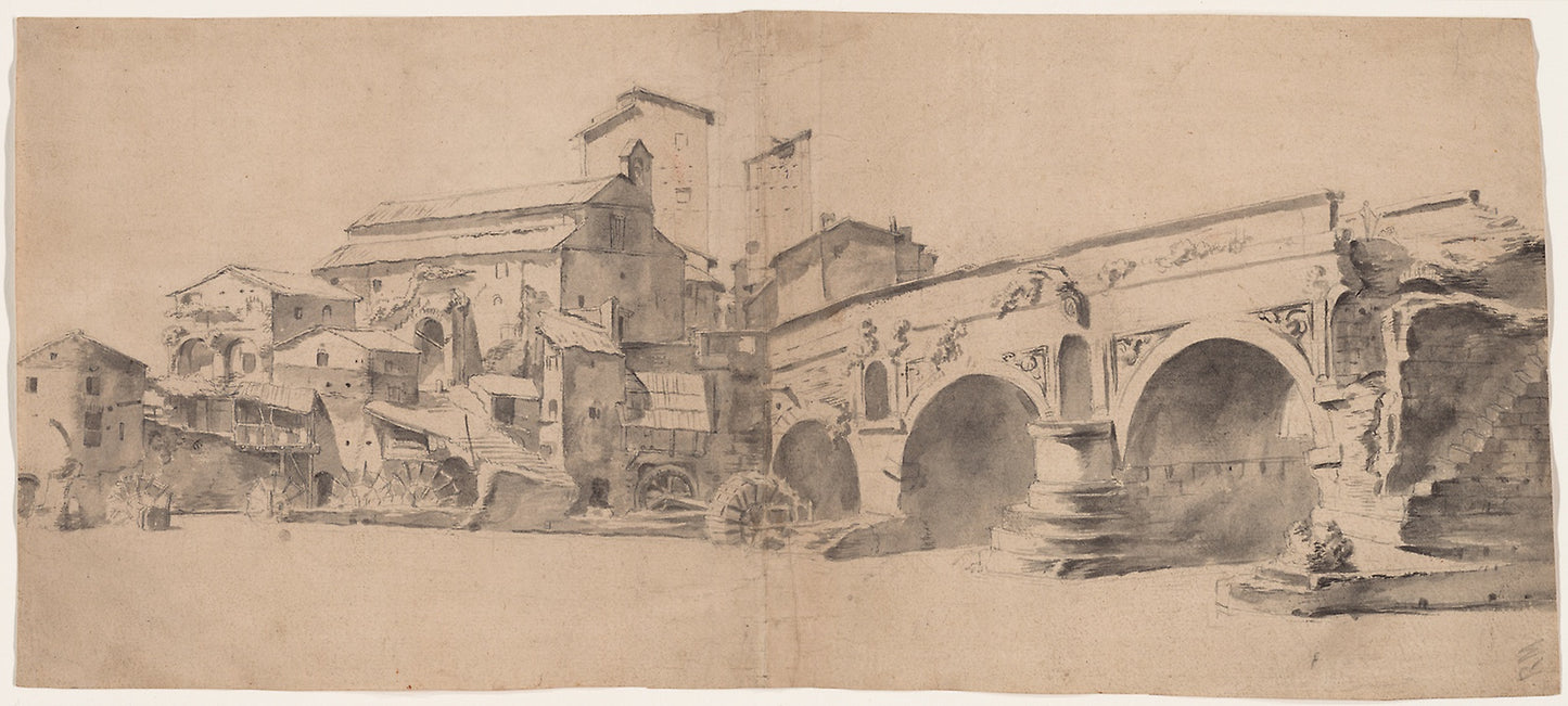View of the Ponte Rotto, Rome, with Watermills - Jan Asselijn, Poster Print Wall Art