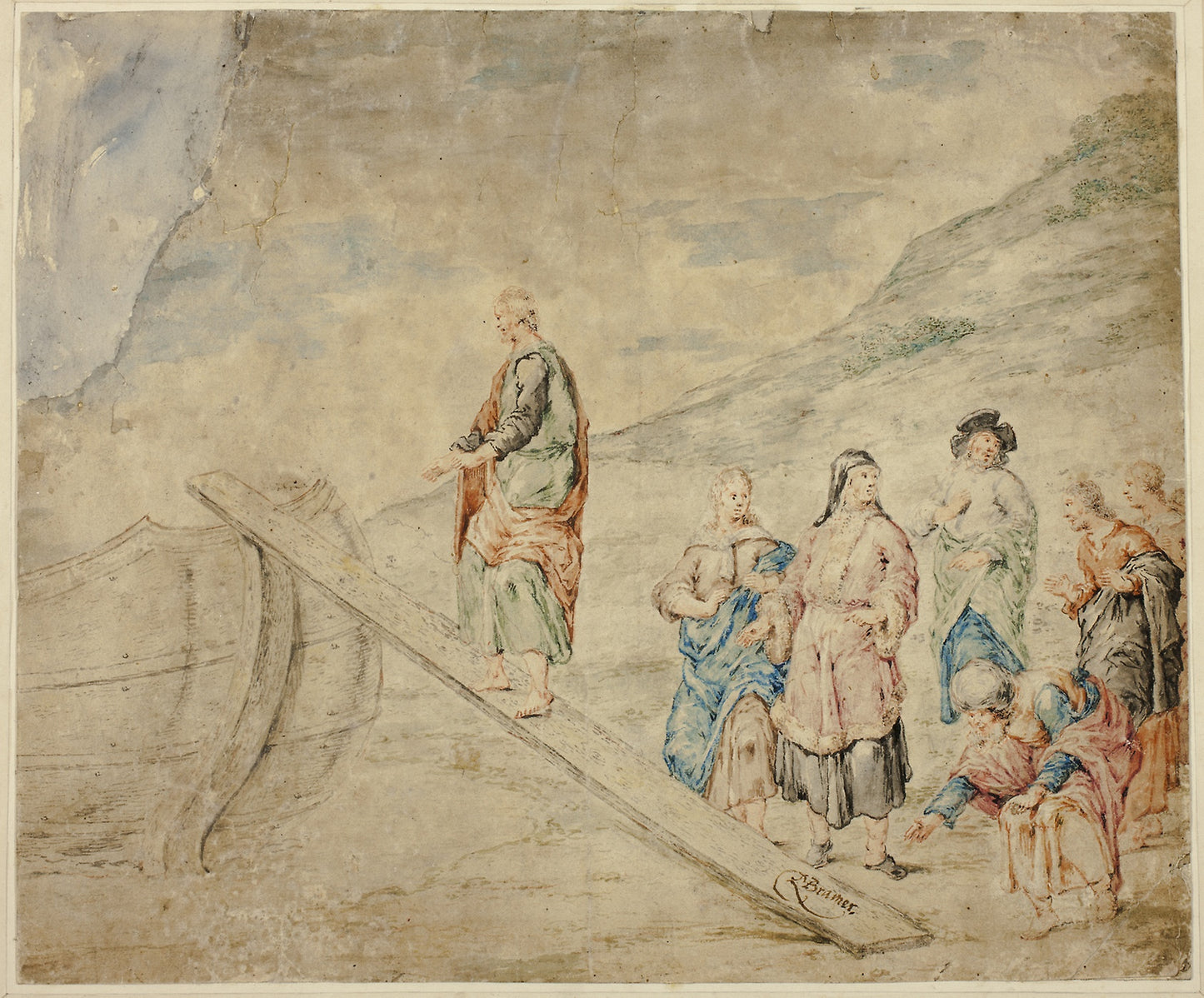 Man Mounting Plank to Boat - after Leonard Bramer, Poster Print Wall Art