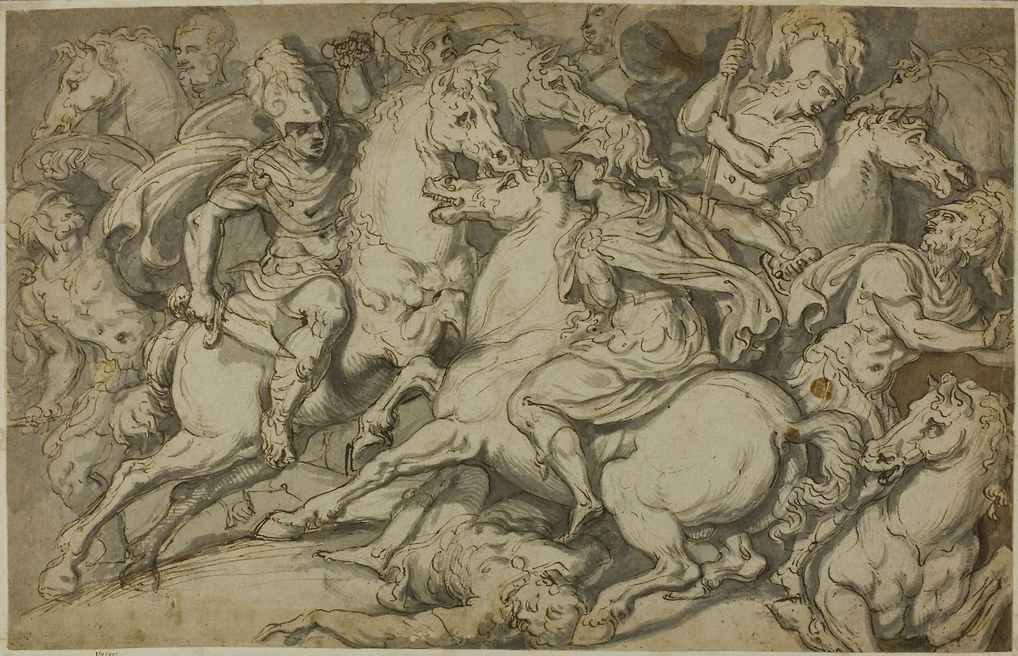 Cavalry Skirmish (recto); Kneeling Ecorché (verso) - Francesco de'Rossi, called Salviati, Poster Print Wall Art