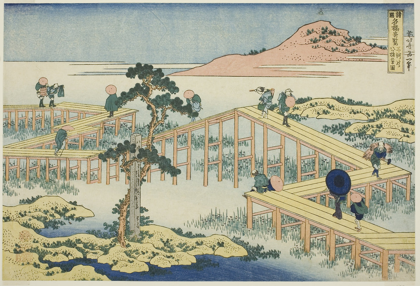 Ancient View of the Eight-planked Bridge in Mikawa Province (Mikawa no Yatsuhashi no kozu), from the series "Unusual Views of Famous Bridges in Various Provinces (Shokoku meikyo kiran)" - Katsushika Hokusai ?? ?? , Poster Print Wall Art