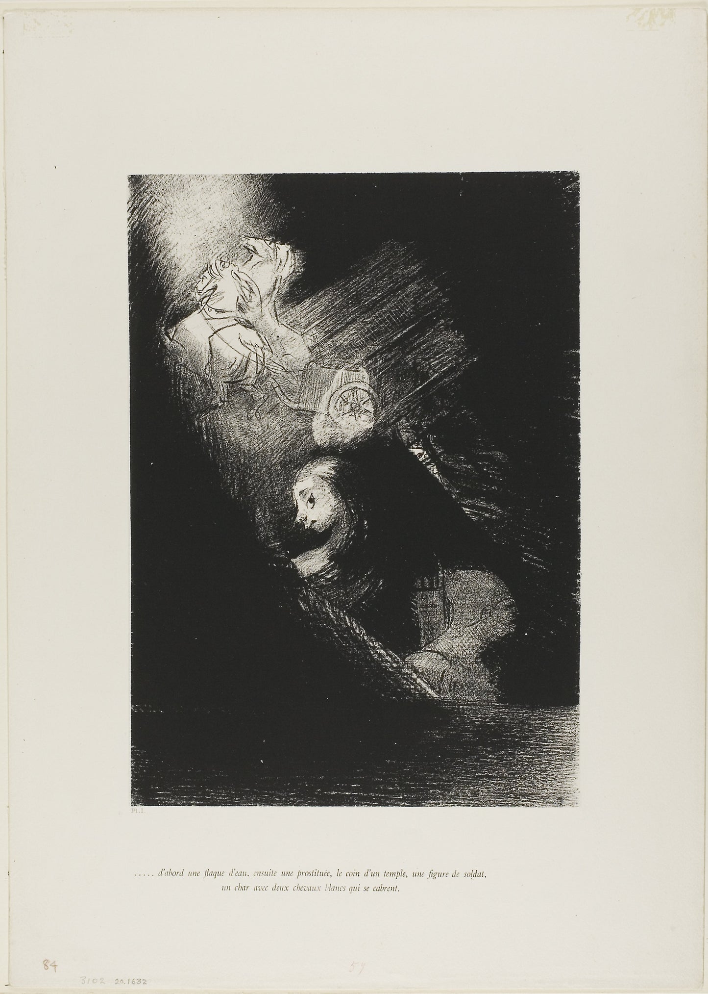 First a pool of water, then a prostitute, the corner of a temple, a soldier's face, a chariot with two rearing white horses, plate 1 from The Temptation of Saint Anthony (1st series) - Odilon Redon, Poster Print Wall Art