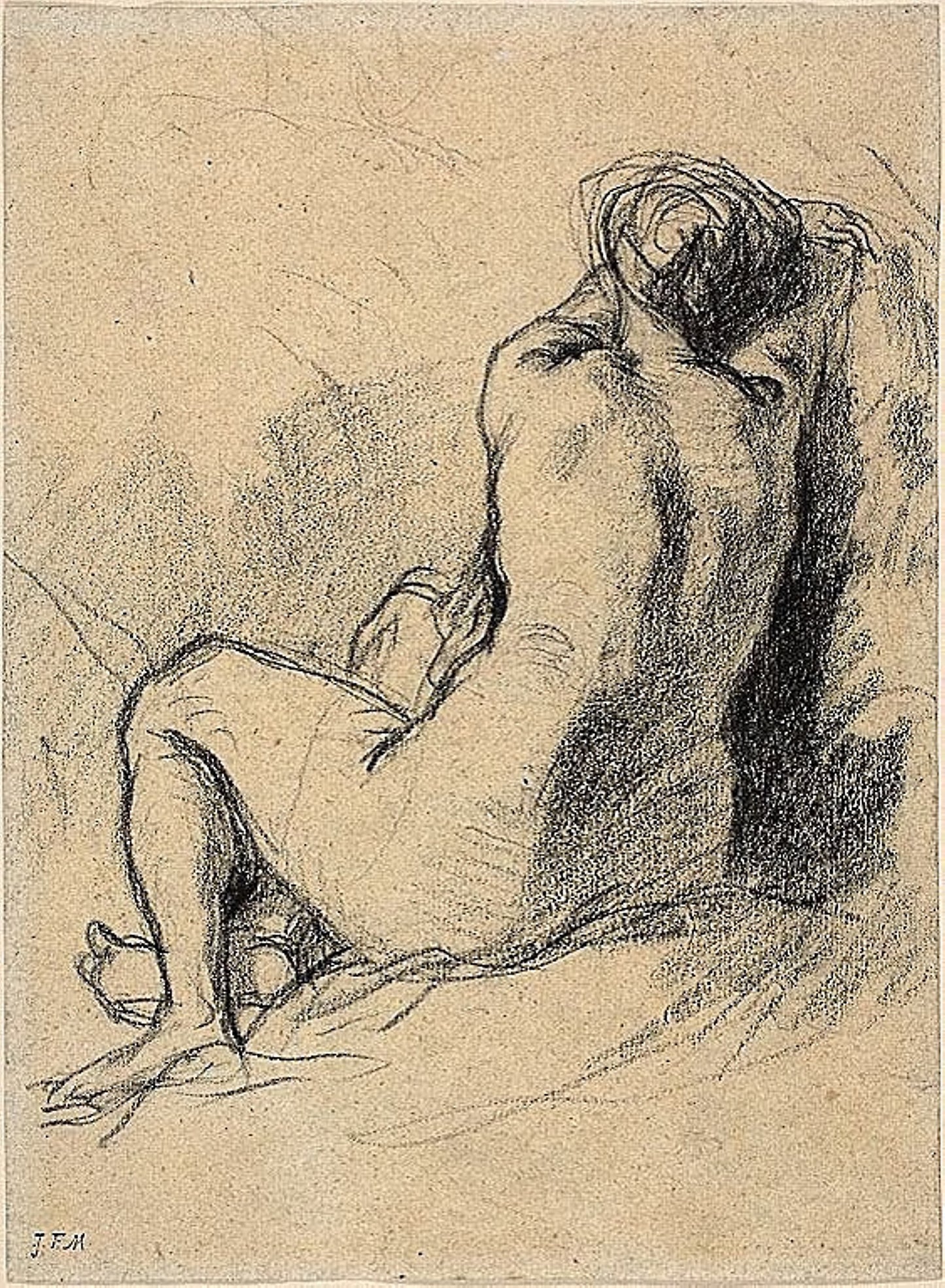 Study - Nude Woman Seen from the Back (recto) Sketches of Peasants Working (verso) - Jean François Millet, Poster Print Wall Art