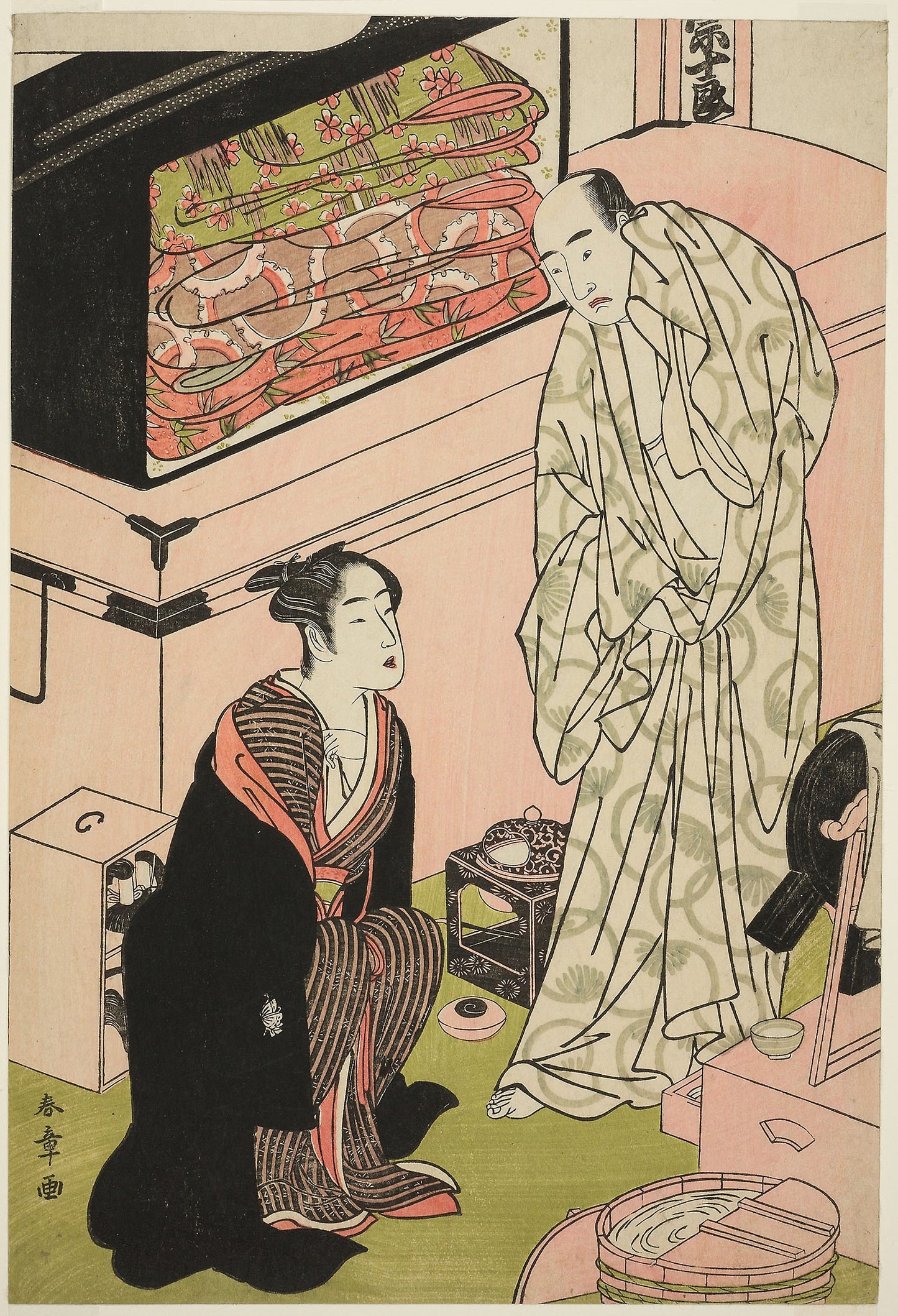 The Actor Sawamura Sojuro III (right), in His Dressing Room in Conversation with the Actor Segawa Kikunojo III (left) - Katsukawa Shunsho ?? ??, Poster Print Wall Art