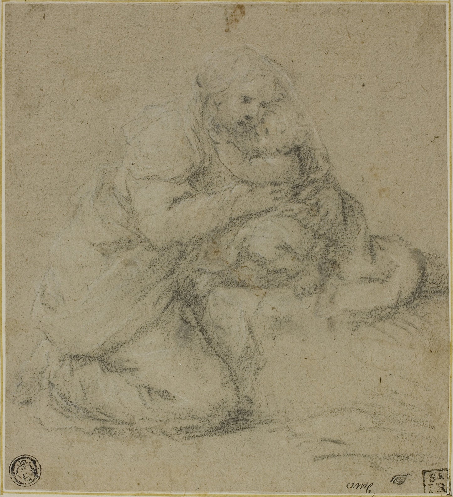 Kneeling Mother Embracing Child: Attributed to Michelangelo Anselmi,16x12"(A3) Poster
