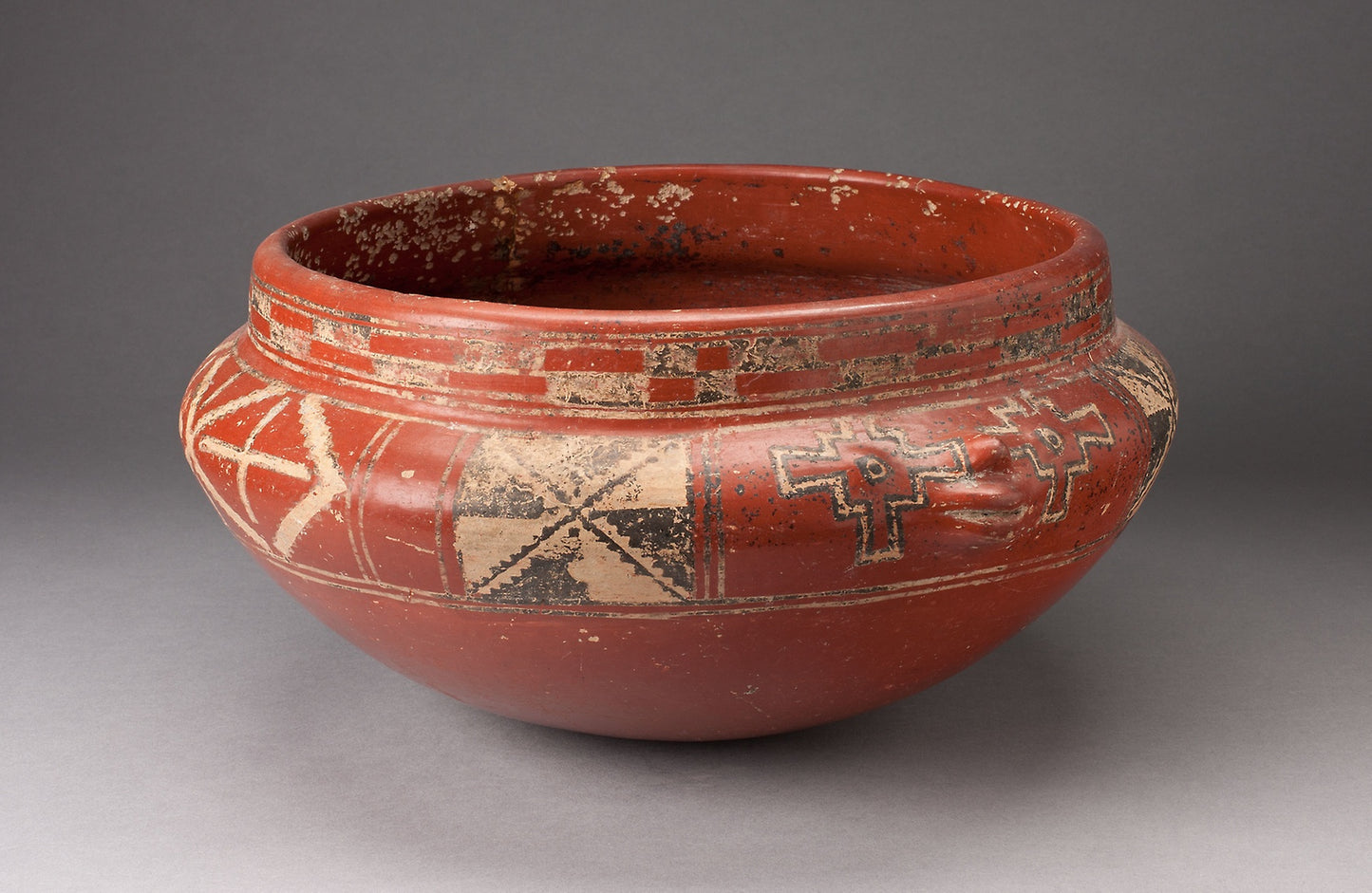 Polychrome Bowl with Geometric Designs and Face in Relief on Shoulder - Chupícuaro, Poster Print Wall Art