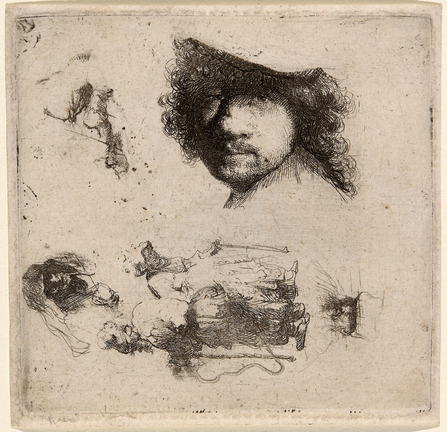 Sheet of Studies - Head of the Artist, a Beggar Couple, Heads of an Old Man and Old Woman, etc. - Rembrandt van Rijn, Poster Print Wall Art