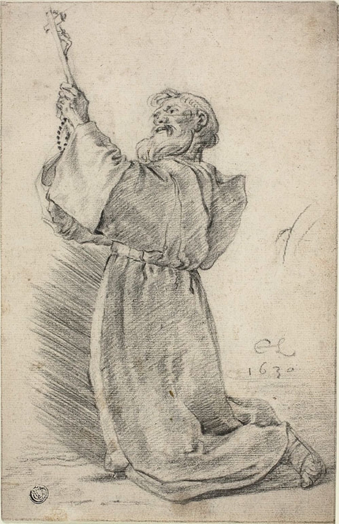 Kneeling Monk Holding a Crucifix - Cornelis Saftleven, Poster Print Wall Art