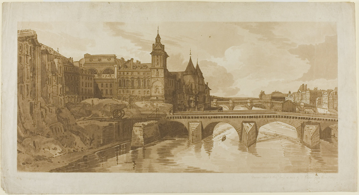 View of Pont au Change, the City Theatre, Pont Neuf, Conciergerie Prison, etc. taken from Pont Notre Dame, from A Selection of Twenty of the Most Picturesque Views in Paris - Thomas Girtin, Poster Print Wall Art