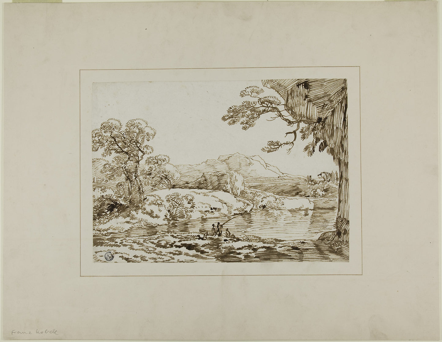 Landscape with River, Distant Hills, and Figures Fishing in Foreground - Franz Kobell, Poster Print Wall Art