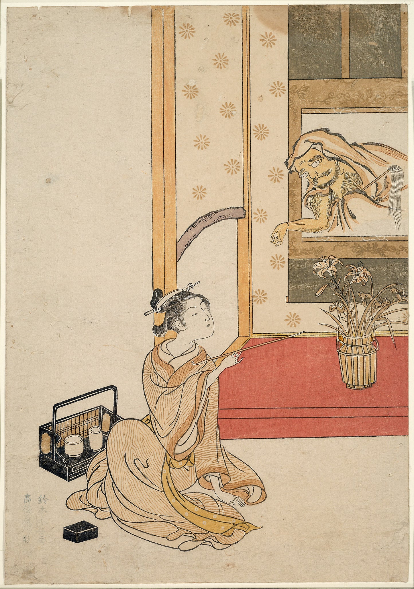 Giving Daruma a Smoke - Suzuki Harunobu ?? ??, Poster Print Wall Art