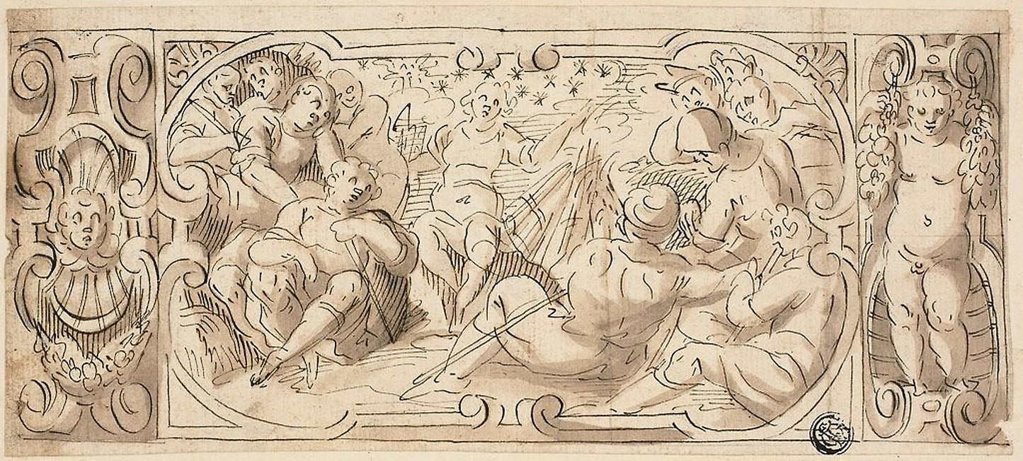 Design for Decorative Frieze with Joseph Interpreting His Dream to His Brothers - Circle of Giovanni Battista Castello, called Il Bergamasco, Poster Print Wall Art