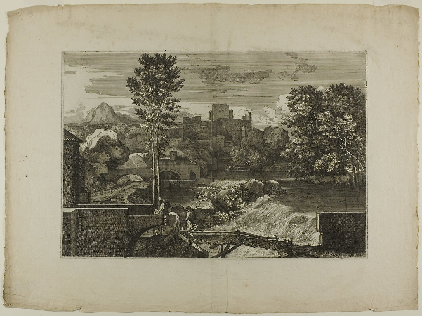 Waterfall at a Stone Bridge, with Castle in the Distance - Sébastien Bourdon, Poster Print Wall Art