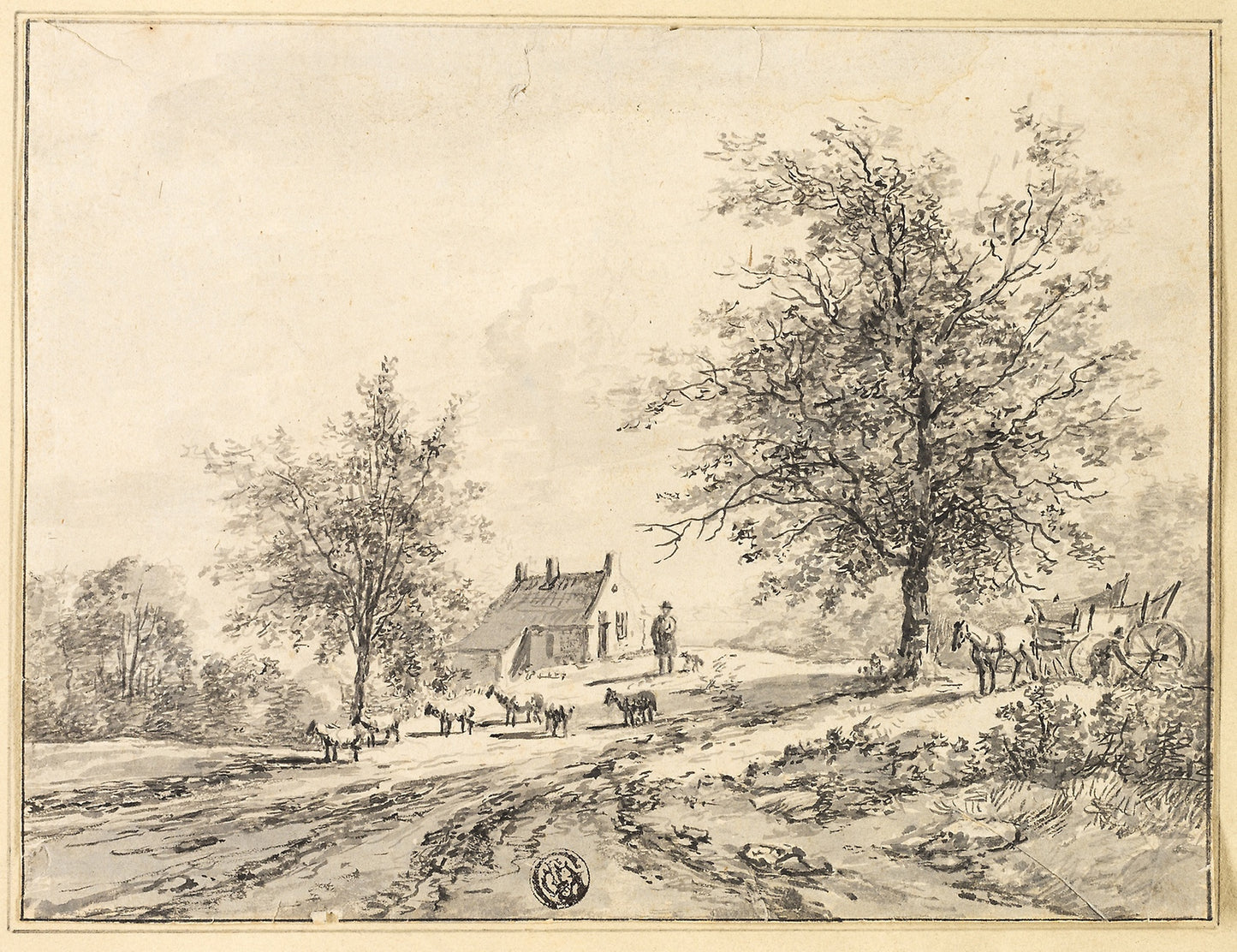 Goatherd, Goats on Road near Carriage and House - Bruno van Straaten, Poster Print Wall Art