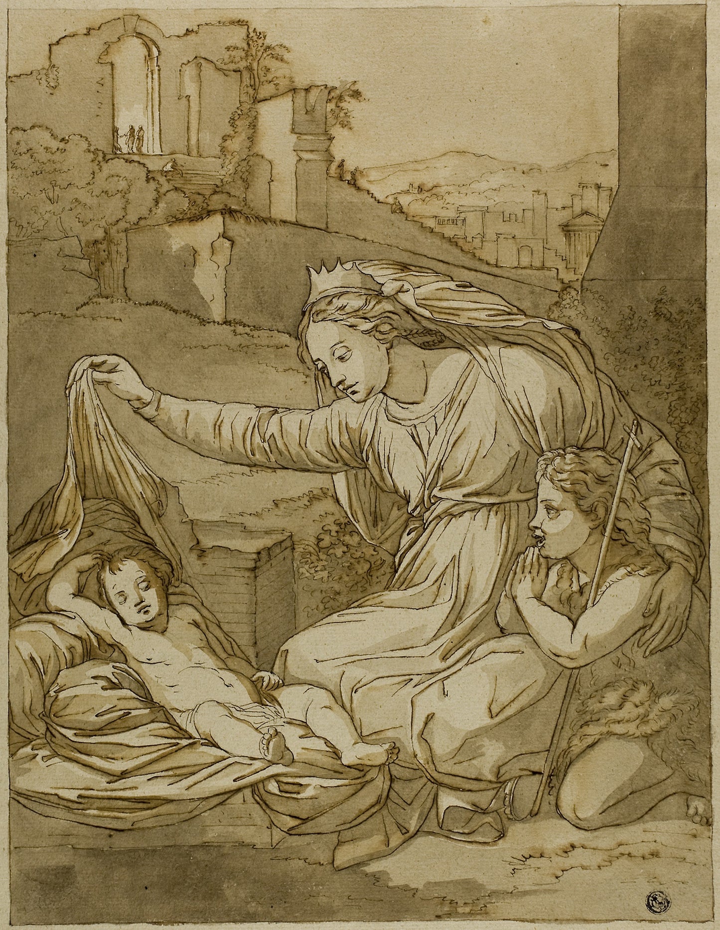 Virgin and Sleeping Christ Child with the Infant John the Baptist - After Raffaello Sanzio, called Raphael, Poster Print Wall Art