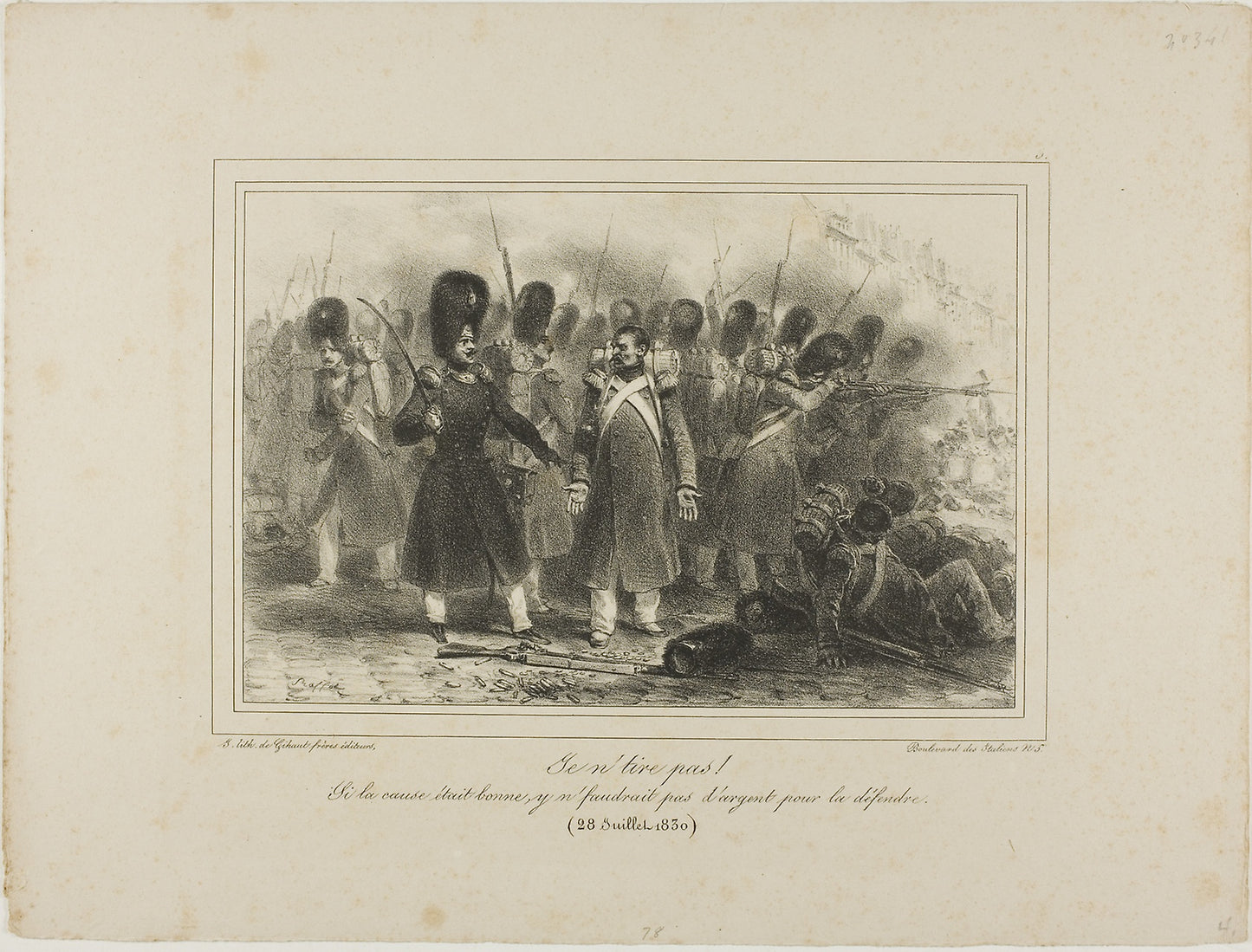 Je n'tire pas! Si la cause était bonne, y n'faudrait pas d'argent pour la défendre. 28 Juillet 1830 - Denis Auguste Marie Raffet (French, 1804-1860), Poster Print Wall Art
