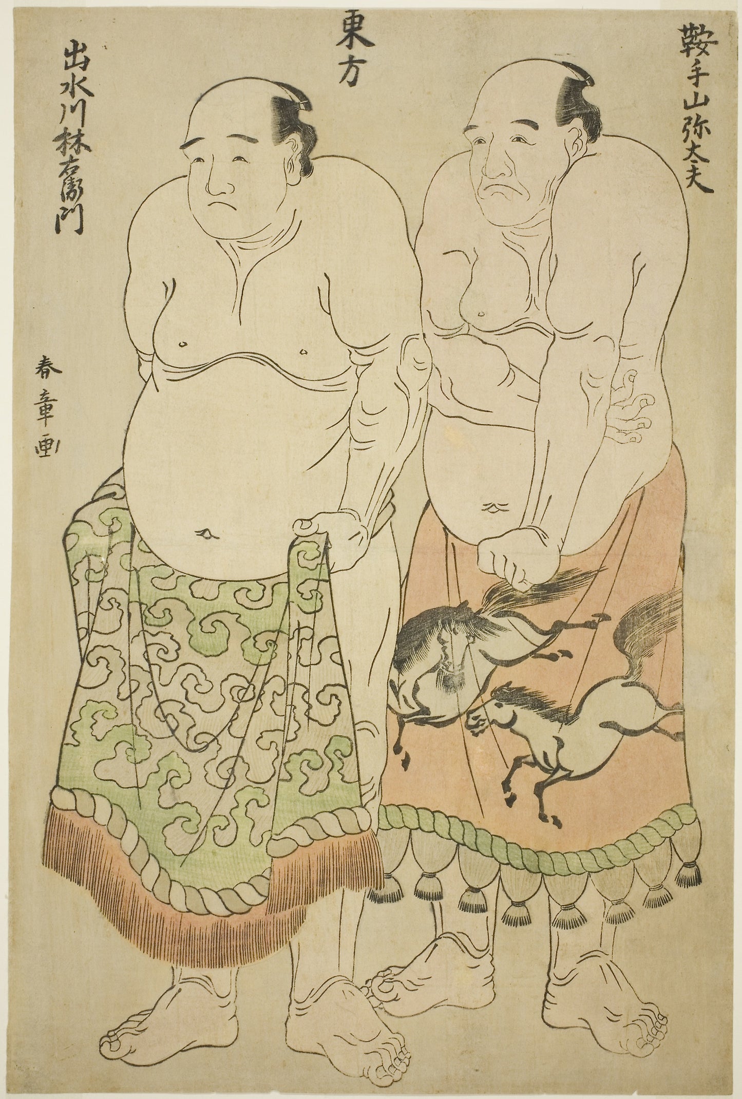 Sumo Wrestlers of the Eastern Group - Kurateyama Yadayu (right), and Izumigawa Rin-'emon (left) - Katsukawa Shunsho ?? ??, Poster Print Wall Art