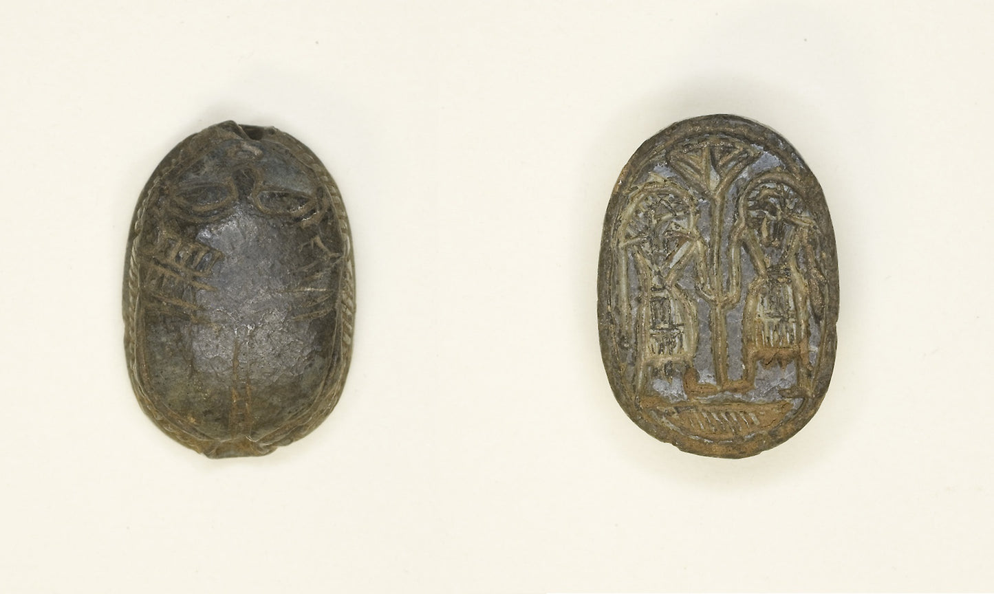 Scaraboid - Face Motif on Top; Two Figures Holding Flower on Base - Egyptian, Poster Print Wall Art