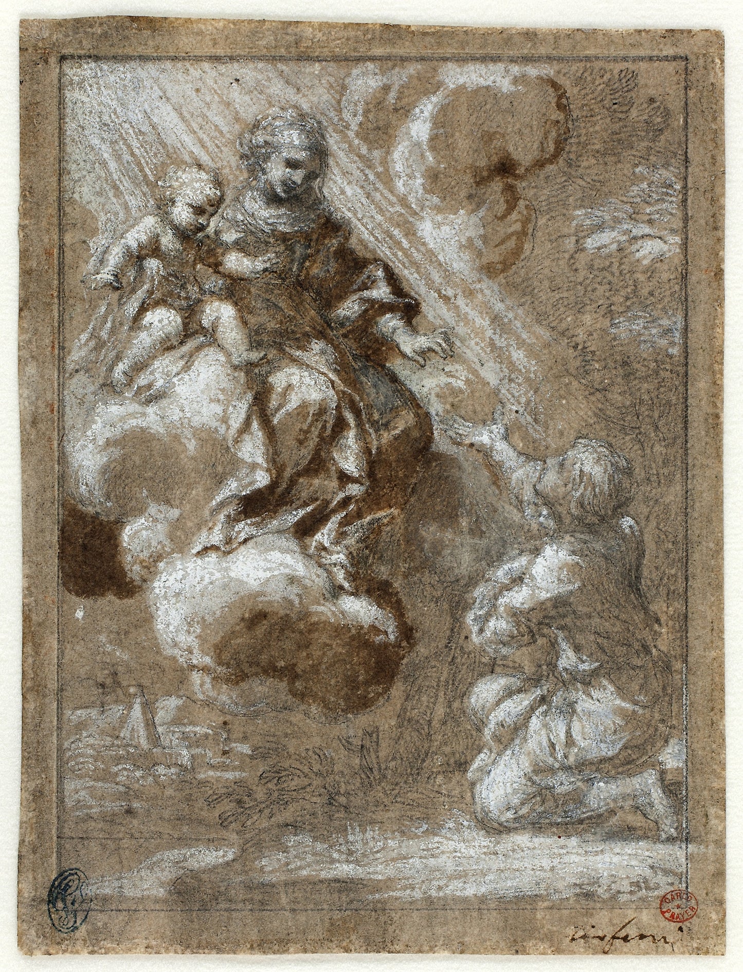 The Madonna and Child in Glory Appearing to a Kneeling Young Man - Ciro Ferri , Poster Print Wall Art
