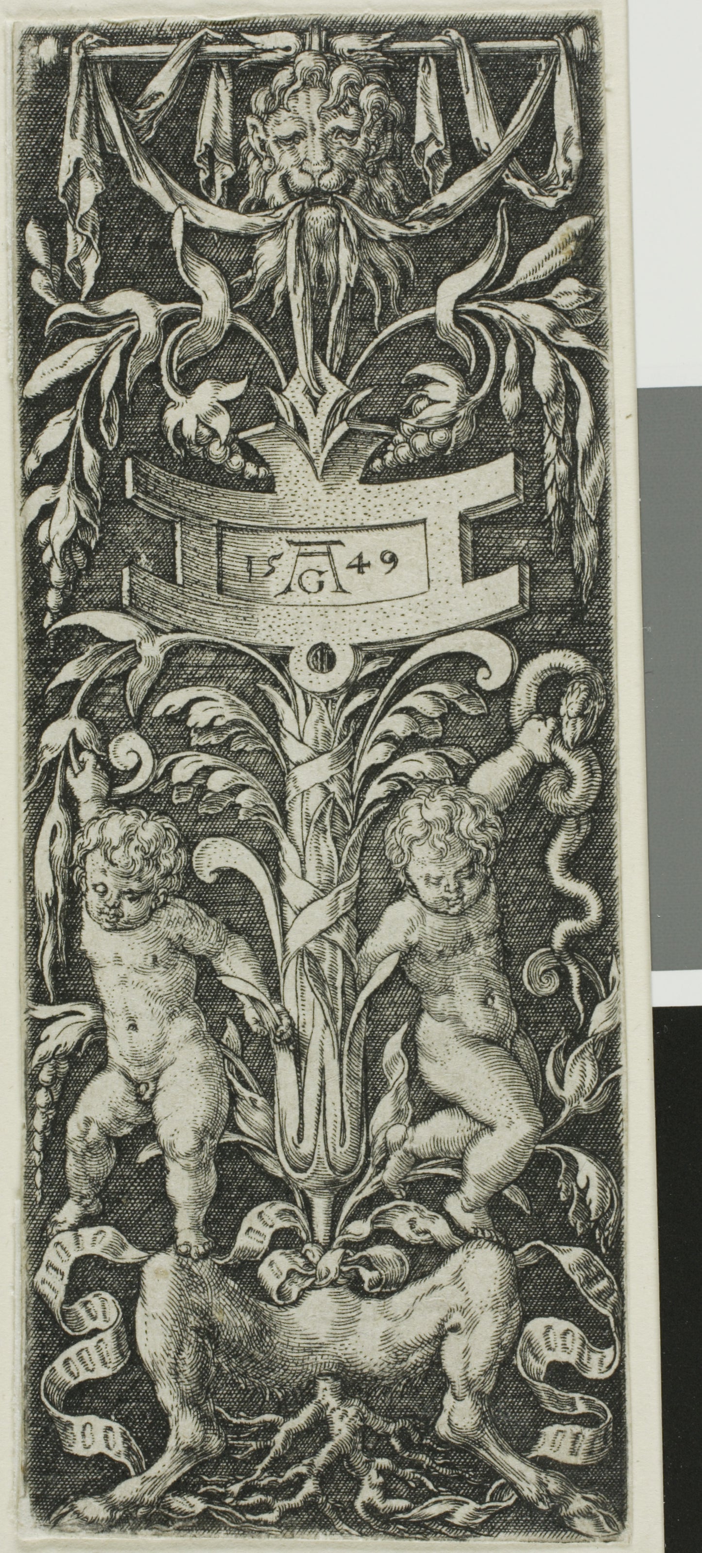Panel of Ornament with Two Nude Boys Standing on the Legs of a Satyr - Heinrich Aldegrever, Poster Print Wall Art