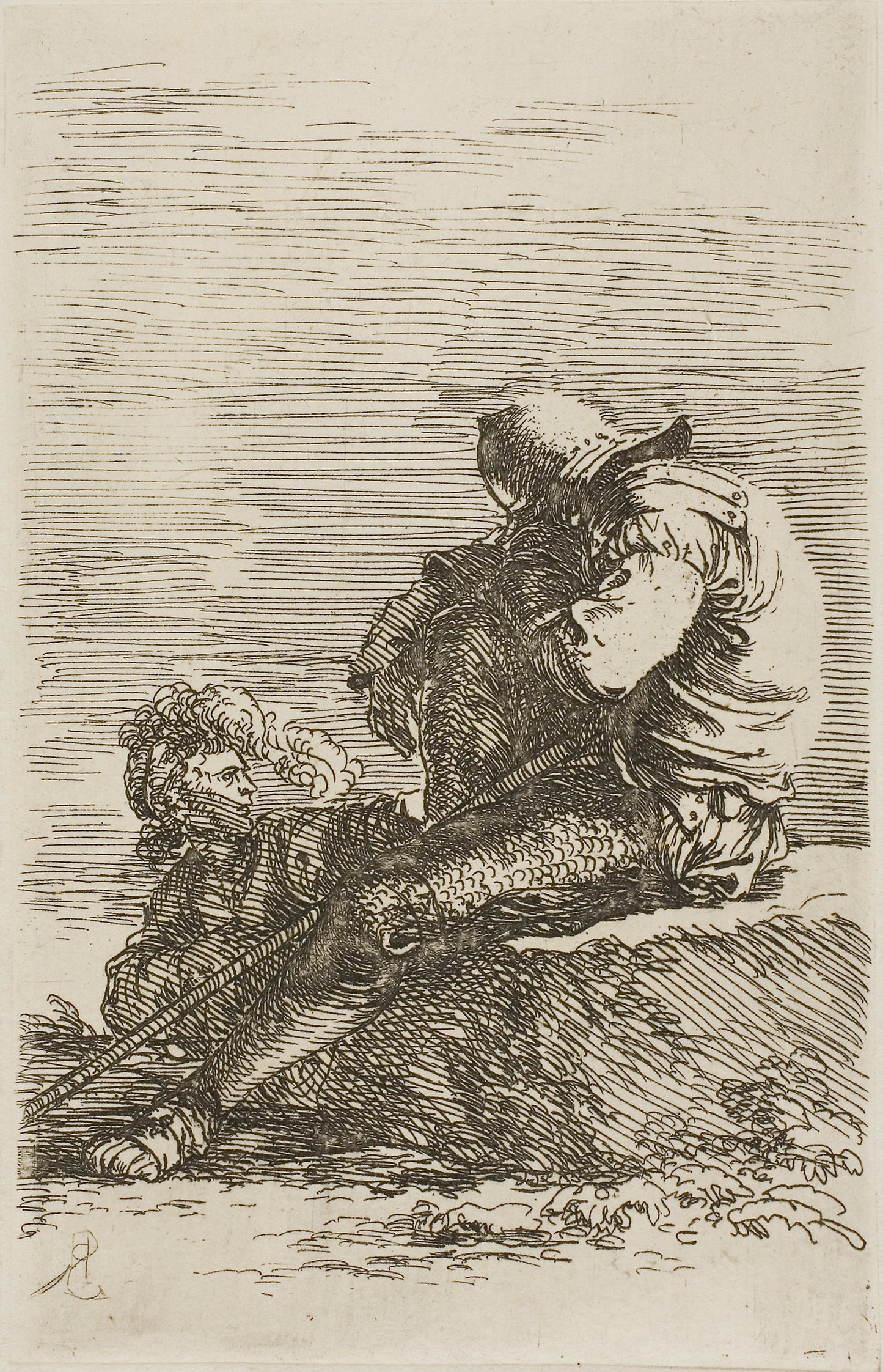Two warriors, one seated asleep on a foreground rock, from Figurine series - Salvator Rosa, Poster Print Wall Art