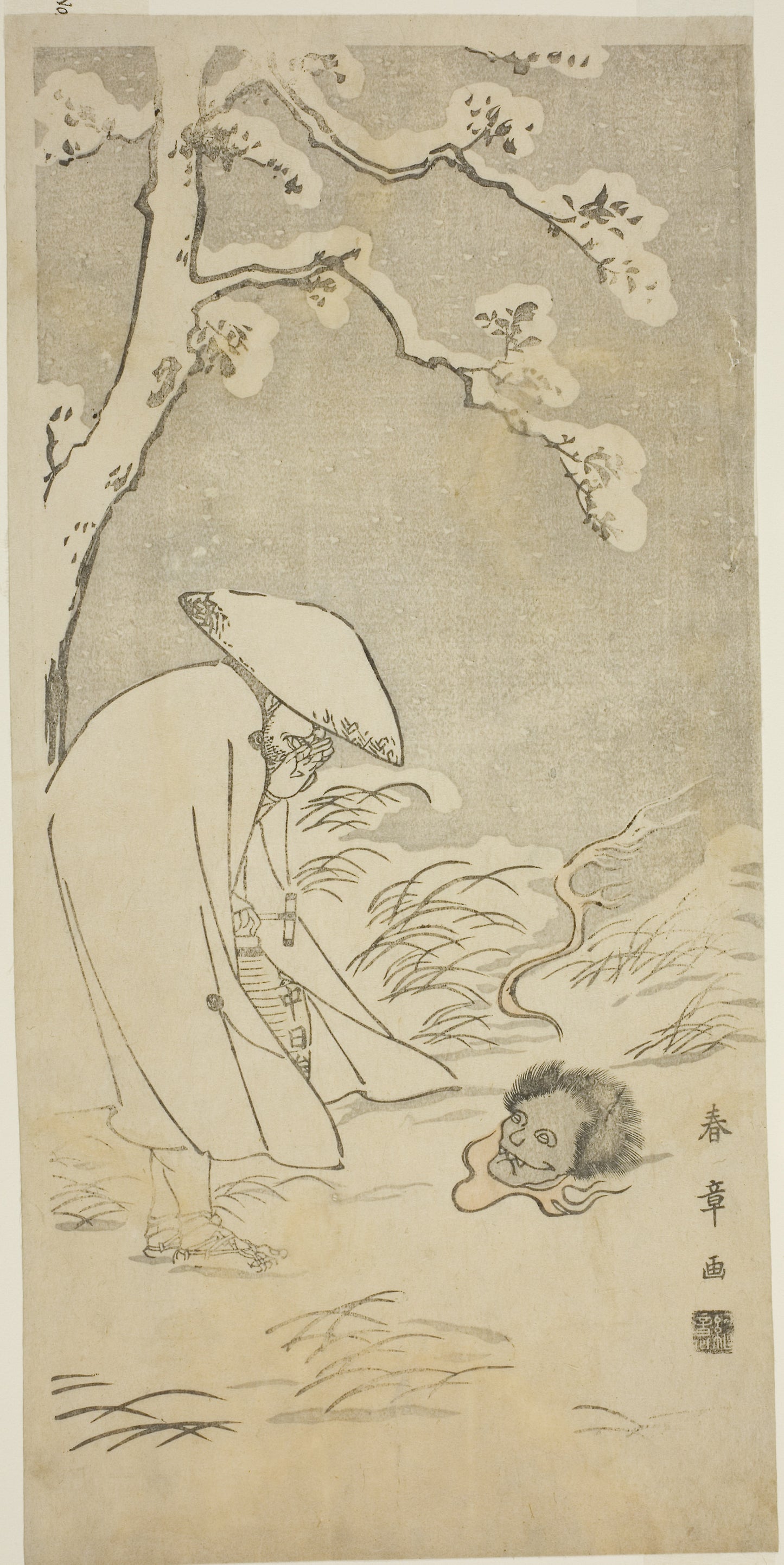 A Pilgrim Praying through the Night to the Buddha (kannenbutsu) is Startled - a Ghostly Head Lying on the Snow-Covered Ground - Katsukawa Shunsho ?? ??, Poster Print Wall Art