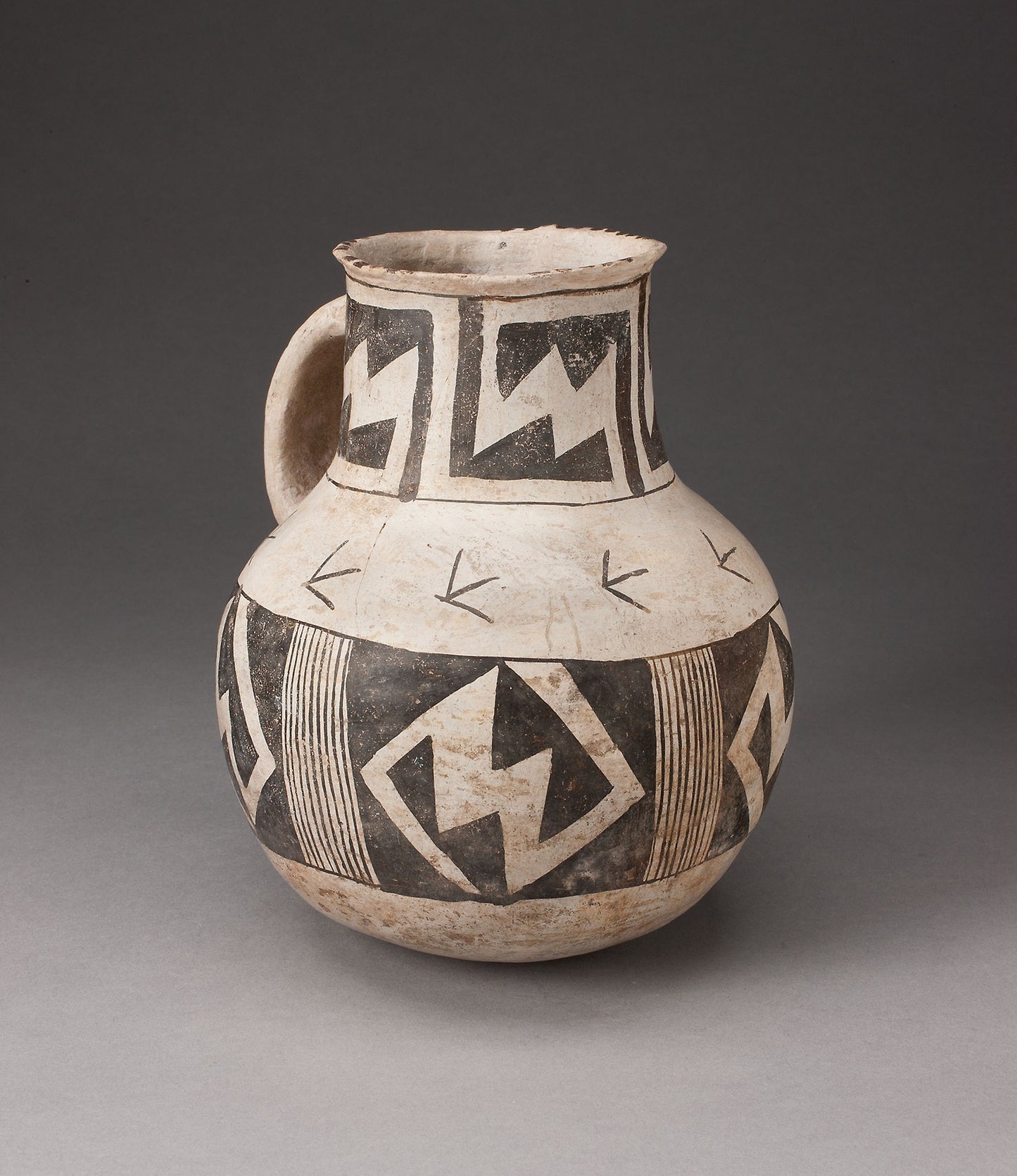 Pitcher with Stepped-Interlocking Motifs and Vertical Hatching - Ancestral Pueblo (Anasazi), Kayenta Black-on-white, Poster Print Wall Art
