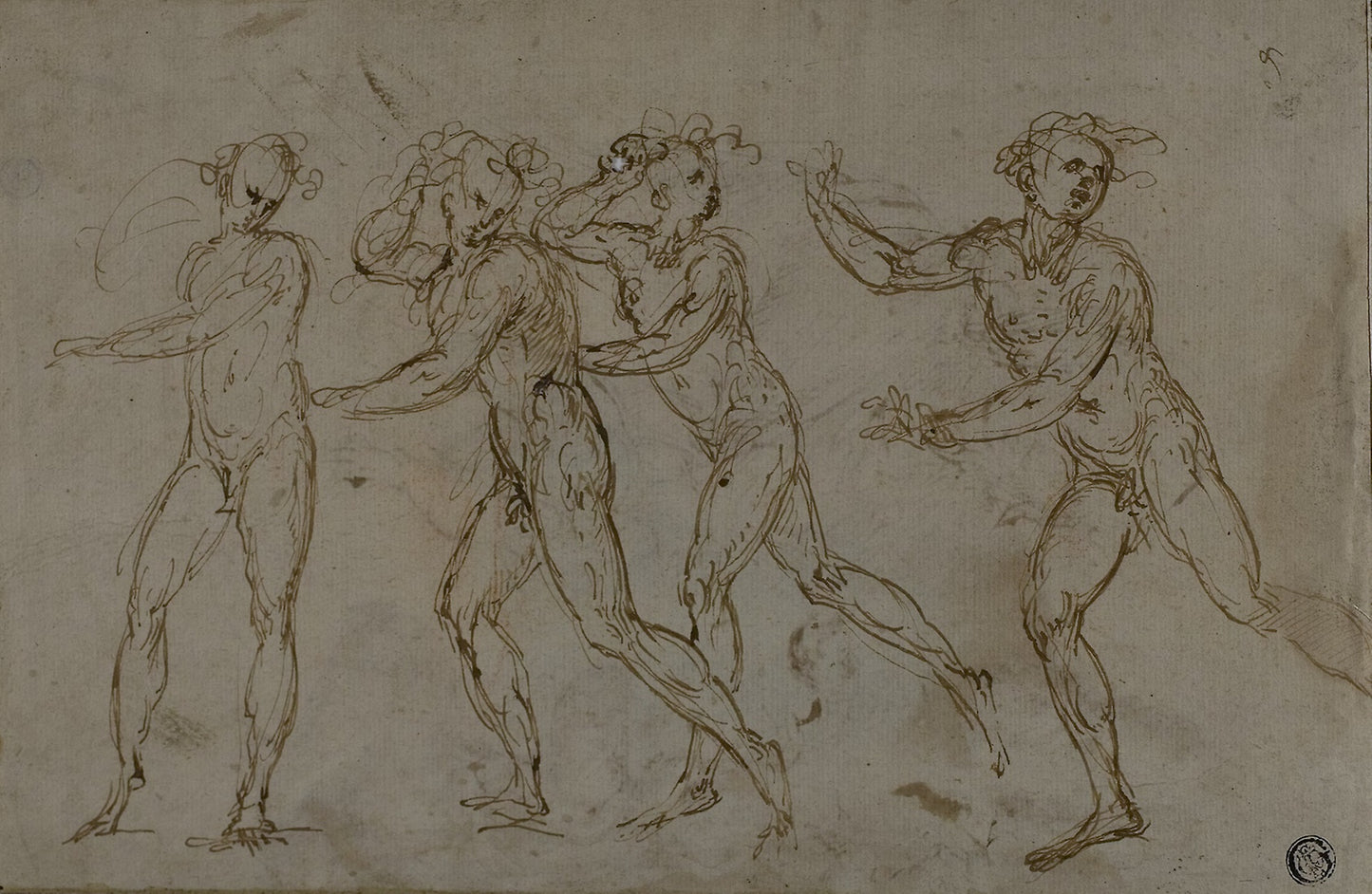 Four Running Male Nudes (recto); Holy Family with the Infant John the Baptist (verso) - Unknown Artist, Poster Print Wall Art