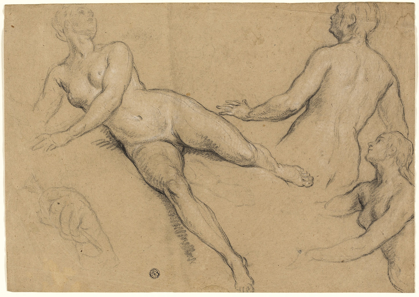 Sheet of Studies - Three Women and a Hand (recto); Sketches of Male Nudes, Heads and Hand (verso) - François Marot, Poster Print Wall Art