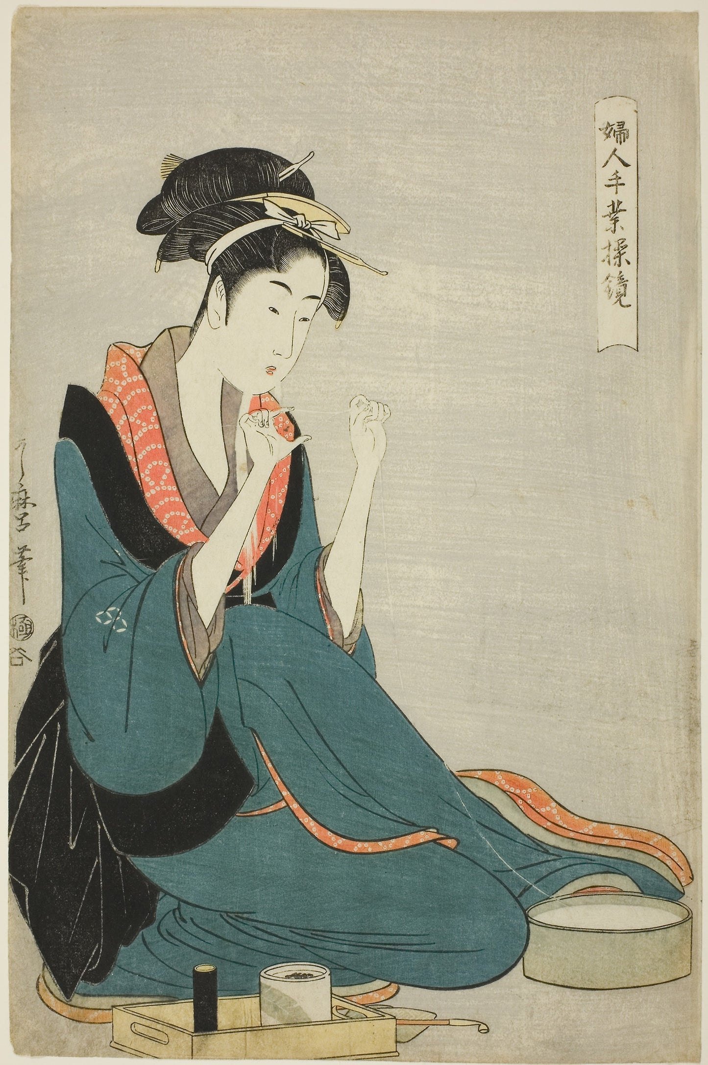 Tying Thread, from the series “Women’s Handicrafts - Models of Dexterity" ("Fujin tewaza ayatsuri kagami") - Kitagawa Utamaro ??? ??, Poster Print Wall Art