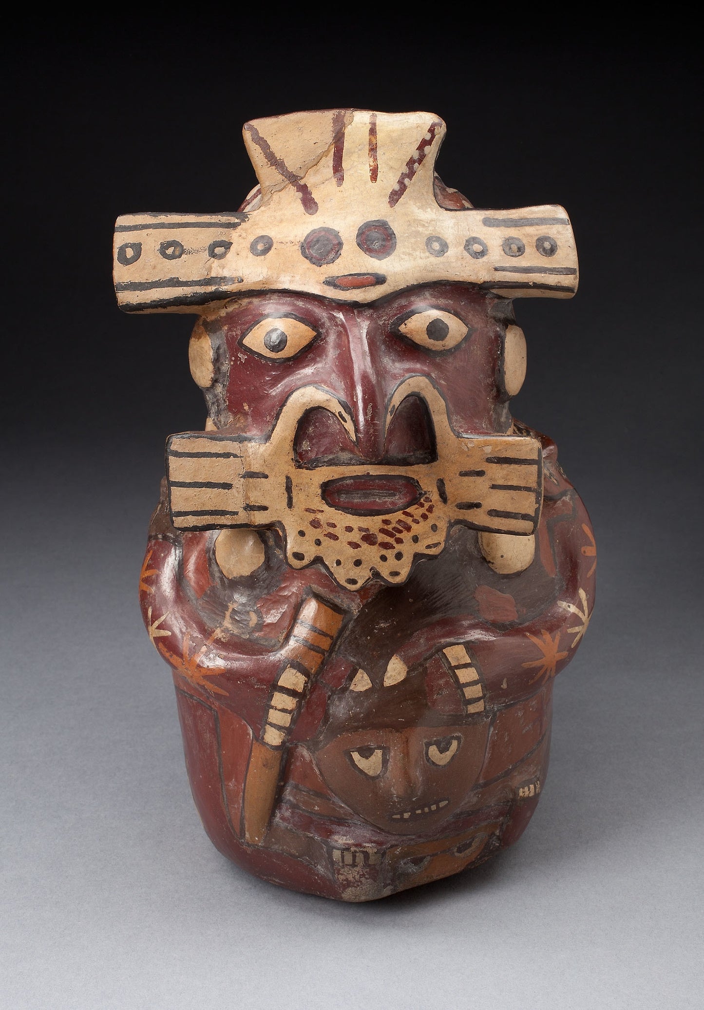 Single Spout Vessel in the Form of a Seated Figure Wearing Mask and Headdress, Holding a Trophy Head - Nazca, Poster Print Wall Art