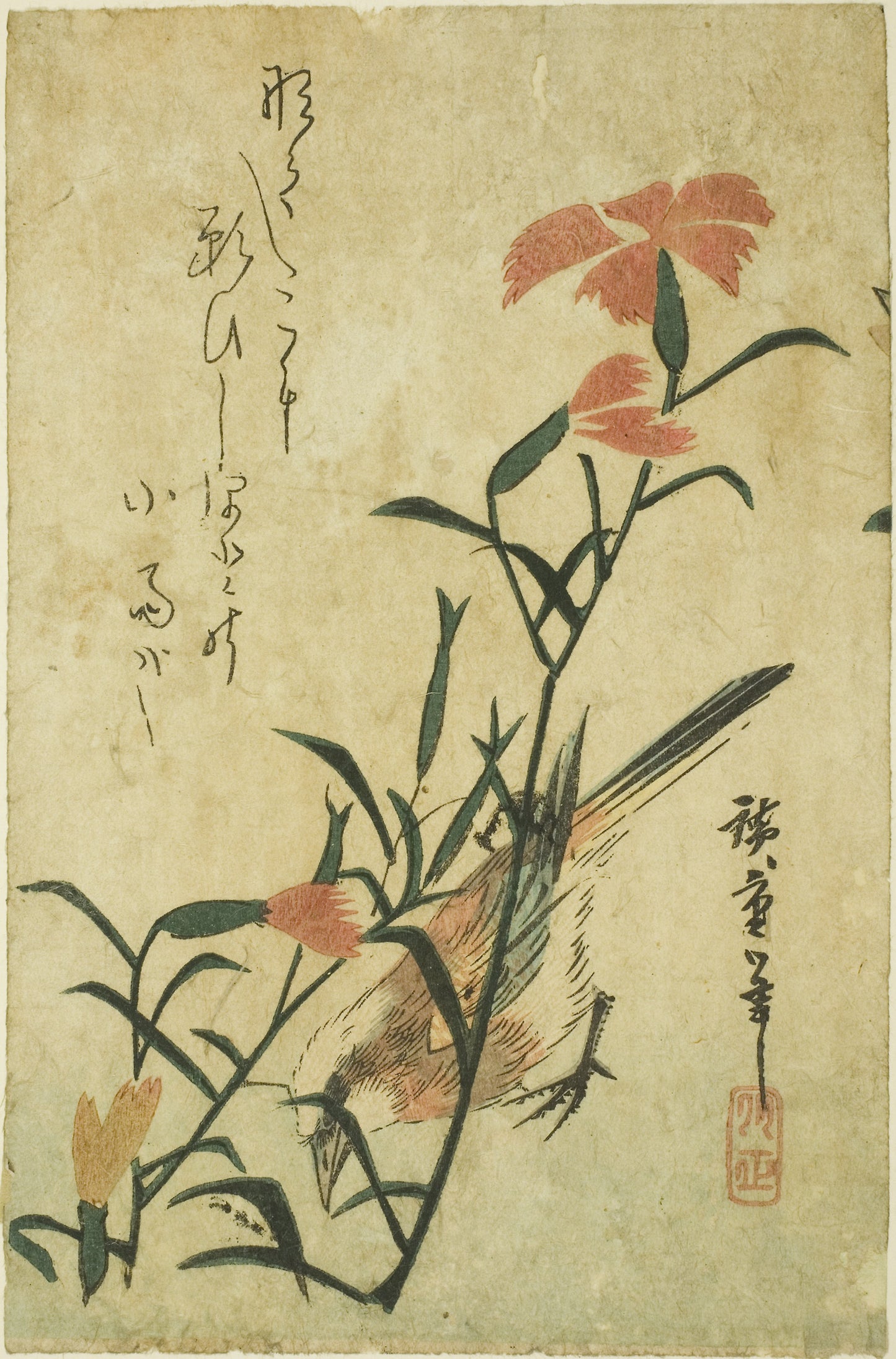 Bird and wild carnation - Utagawa Hiroshige ?? ??, Poster Print Wall Art