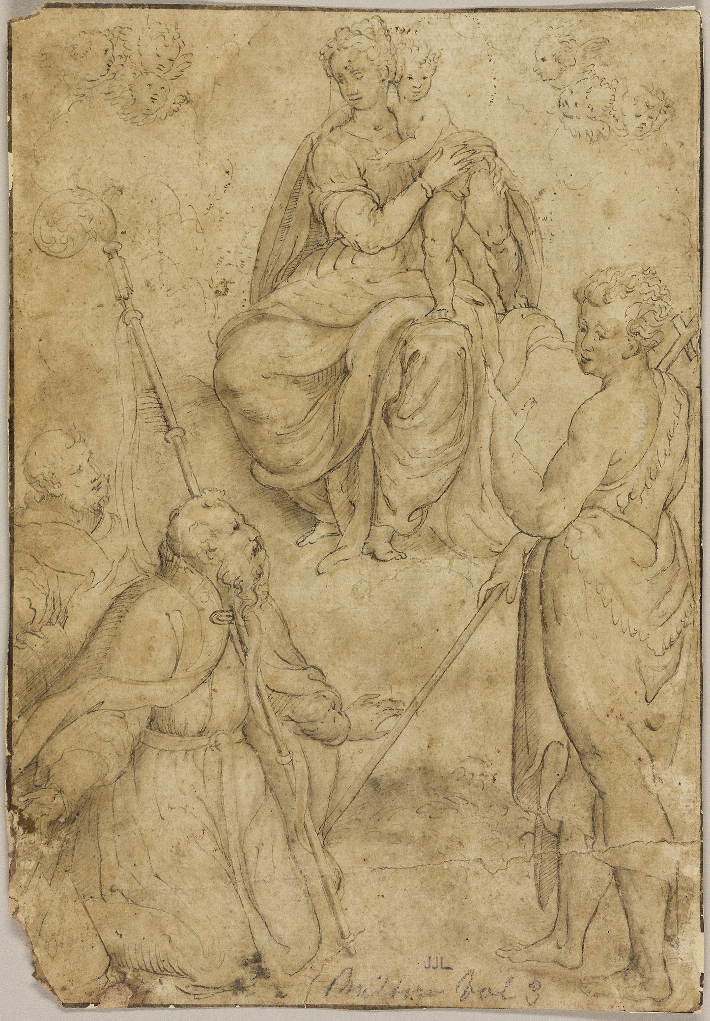 Seated Virgin and Child with Bishop Saint and Monastic Saint, and Saint John the Baptist - After Bernardino Campi, Poster Print Wall Art