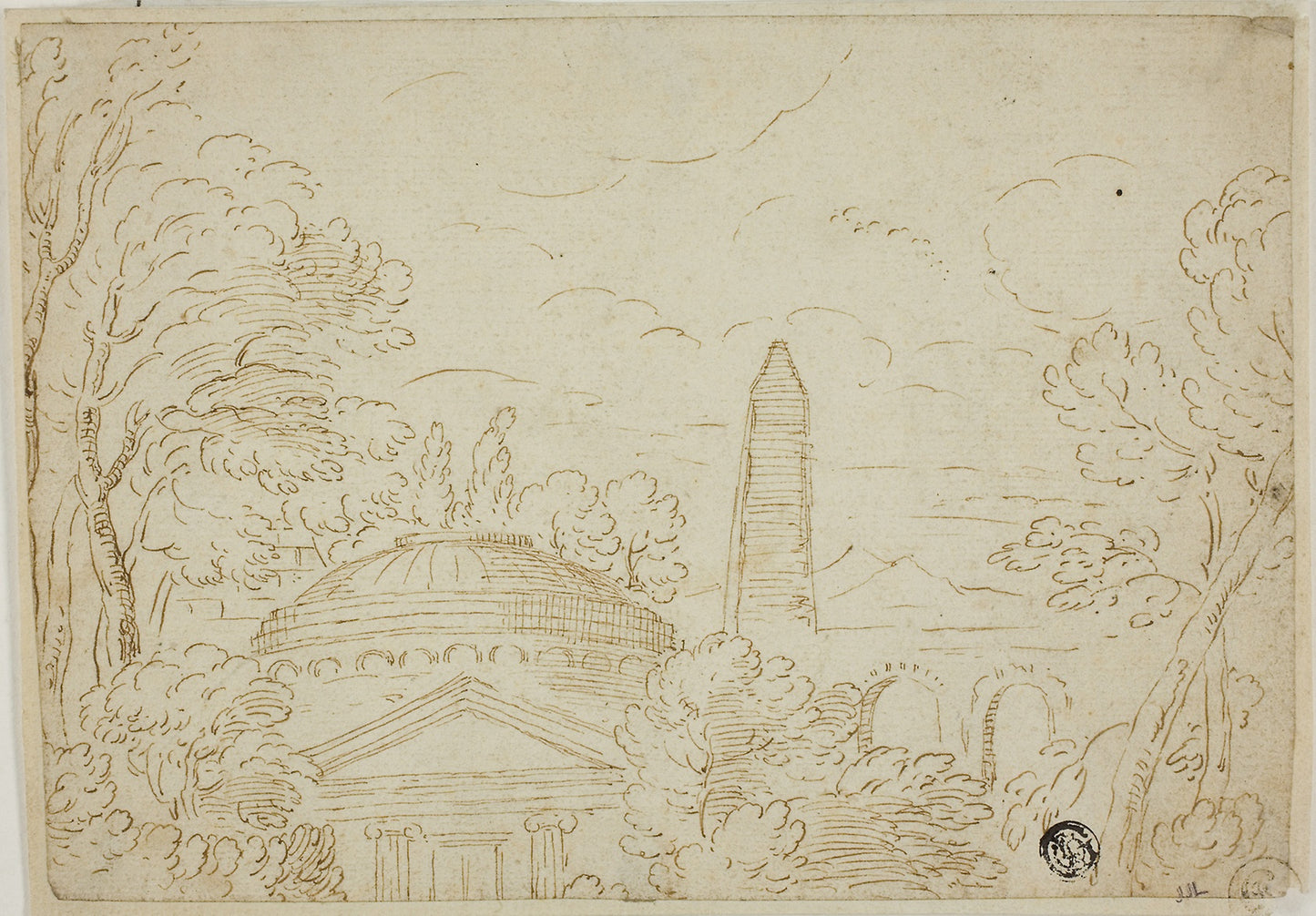 Landscape with Temple, Obelisk and Aqueduct - Circle of Giovanni Francesco Grimaldi , Poster Print Wall Art