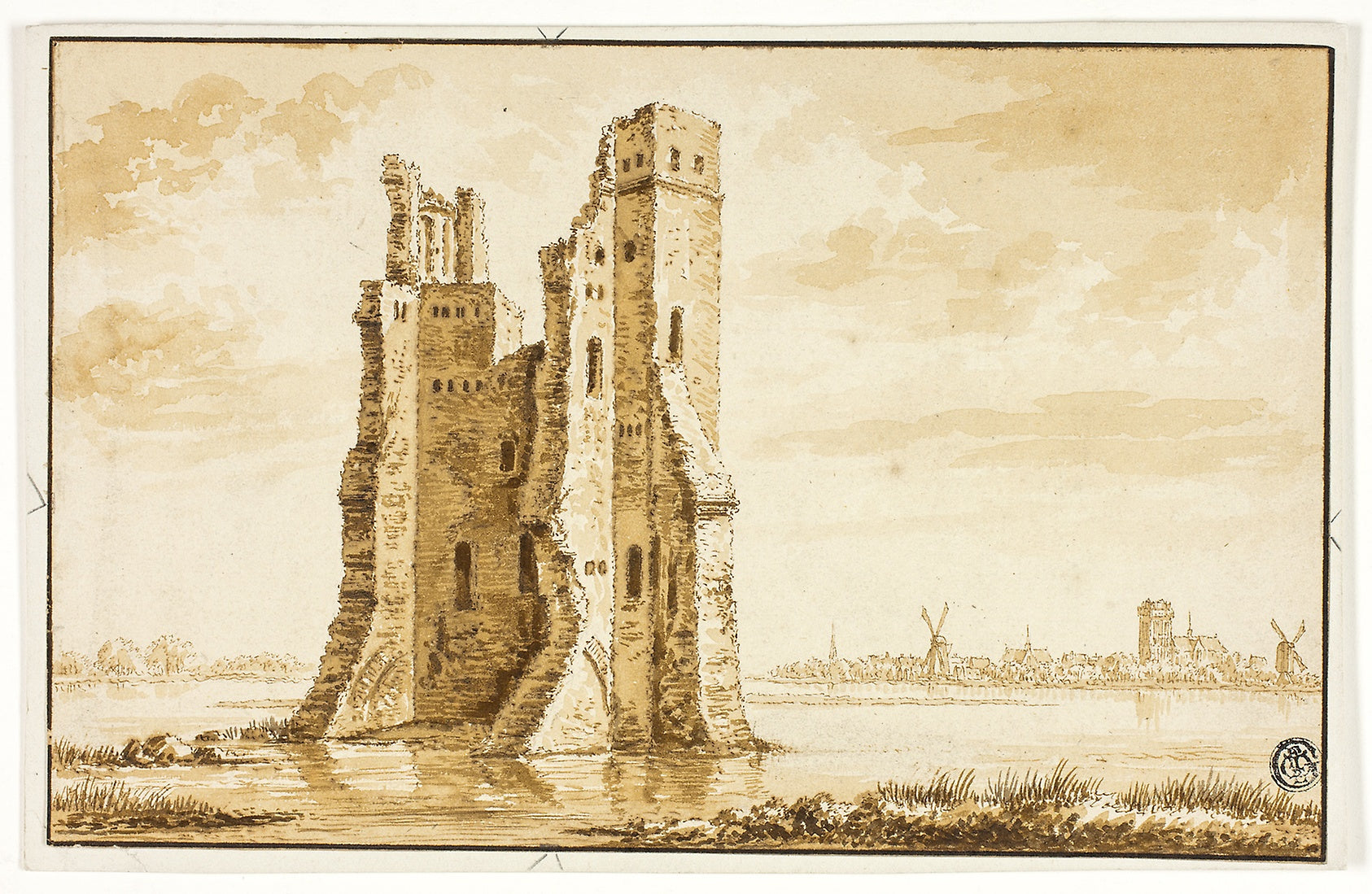 Ruins of the Merwede Manor seen from the Front with Dordrecht in the Background: Abraham Rademaker,16x12"(A3) Poster