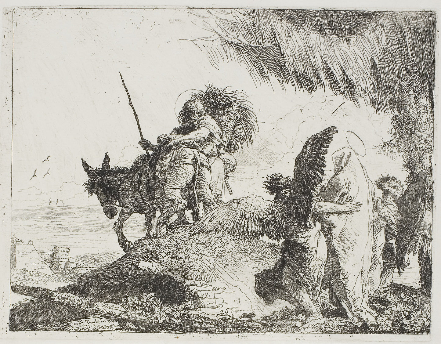 Mary, Supported - Two Angels, Follows Joseph, plate 26 from The Flight into Egypt - Giovanni Domenico Tiepolo, Poster Print Wall Art